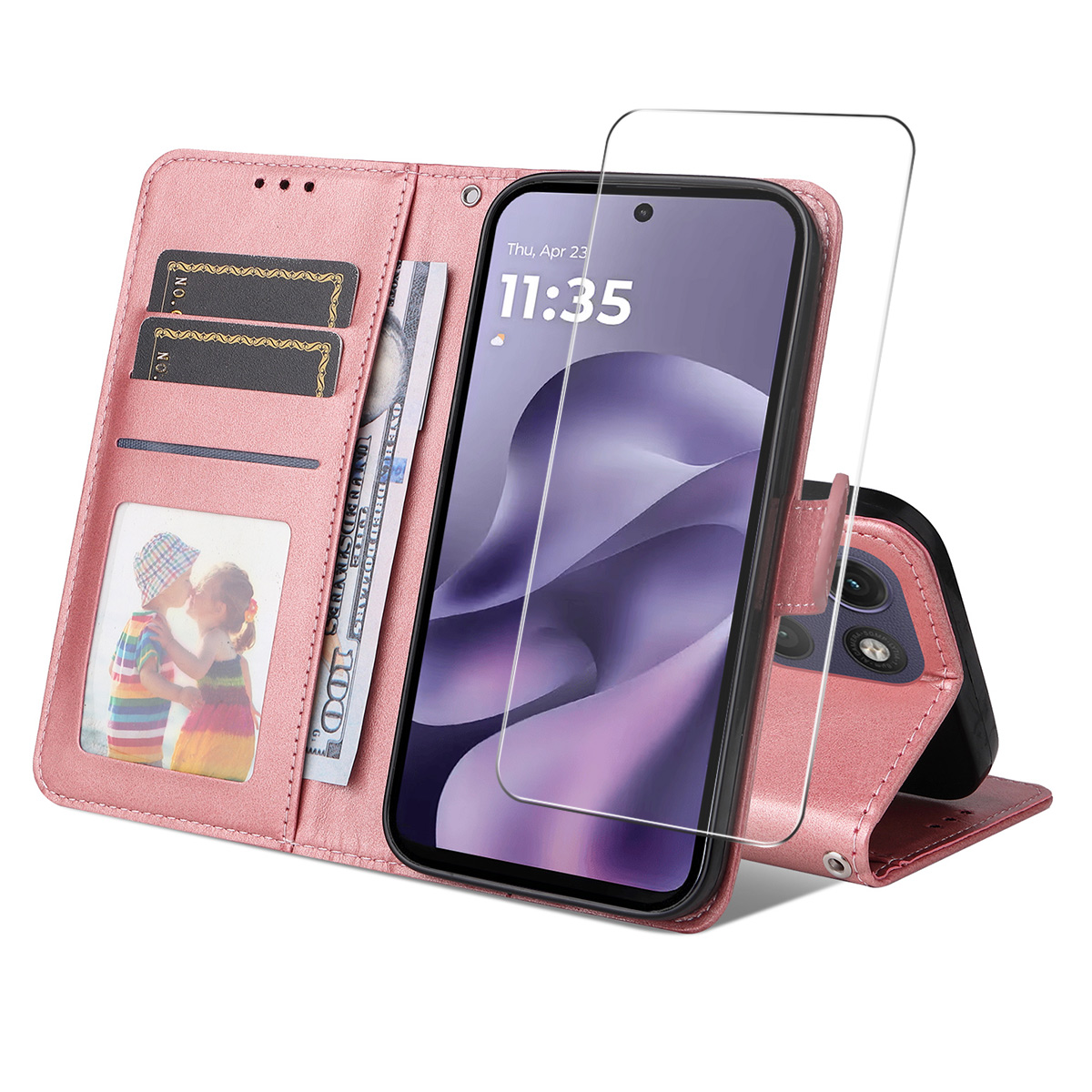 ENKAY HAT PRINCE For Motorola Moto G77 5G / Motorola Moto G67 5G PU Leather Wallet Case Phone Stand Cover with 9H Tempered Glass - Pink