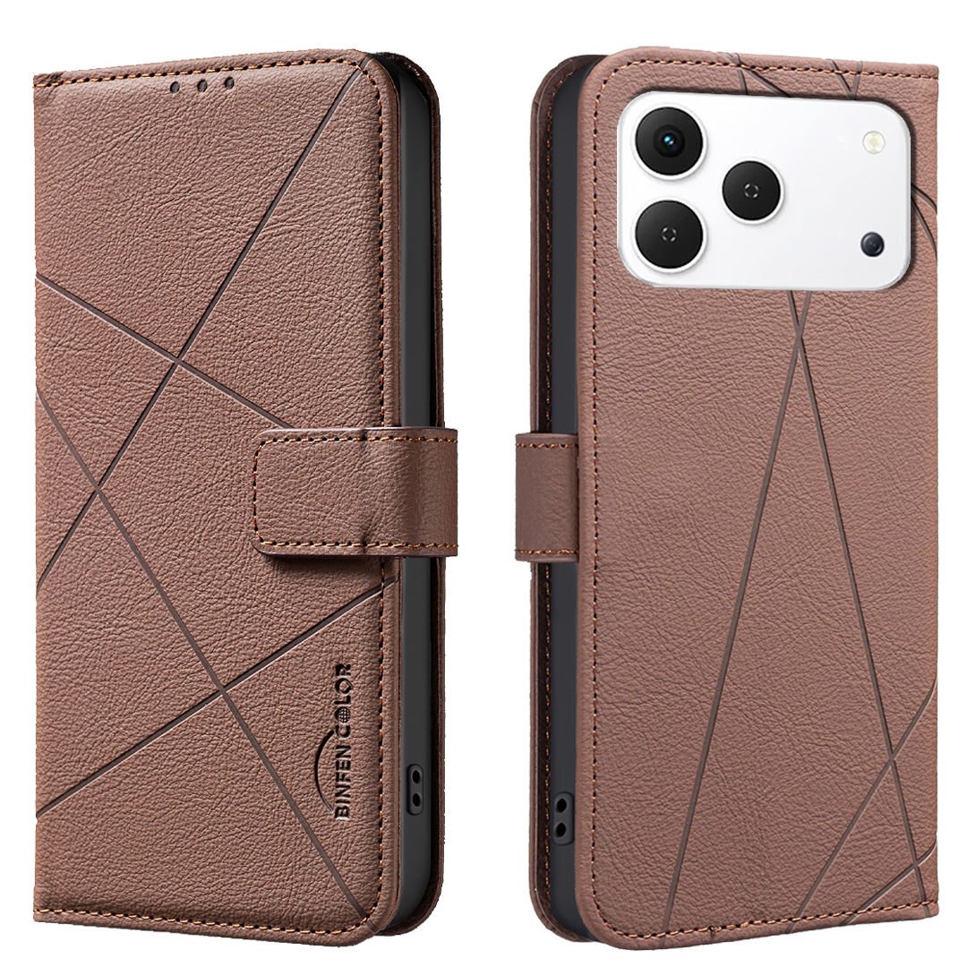 BINFEN COLOR For TECNO Spark 50 4G BF35 Case Geometry Imprinted Leather Phone Cover RFID Blocking Wallet Stand - Brown