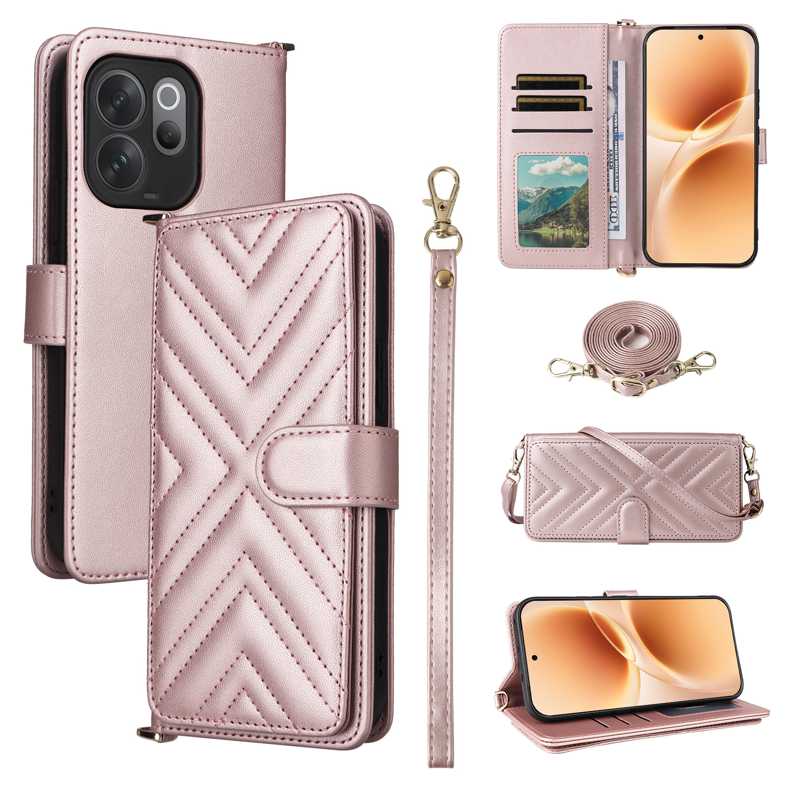 For vivo V70 5G / V70 Elite 5G Leather Case Stand Wallet Phone Cover with Shoulder / Wrist Strap - Pink