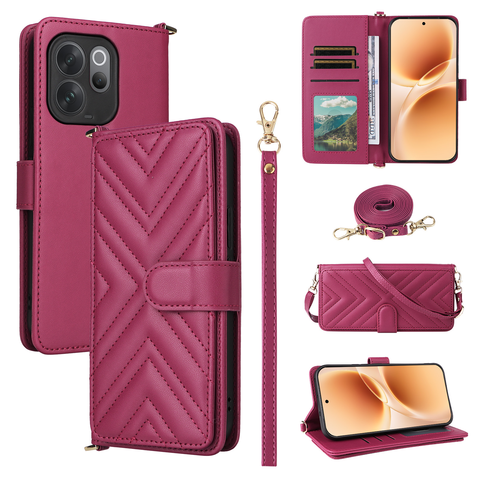 For vivo V70 5G / V70 Elite 5G Leather Case Stand Wallet Phone Cover with Shoulder / Wrist Strap - Rose