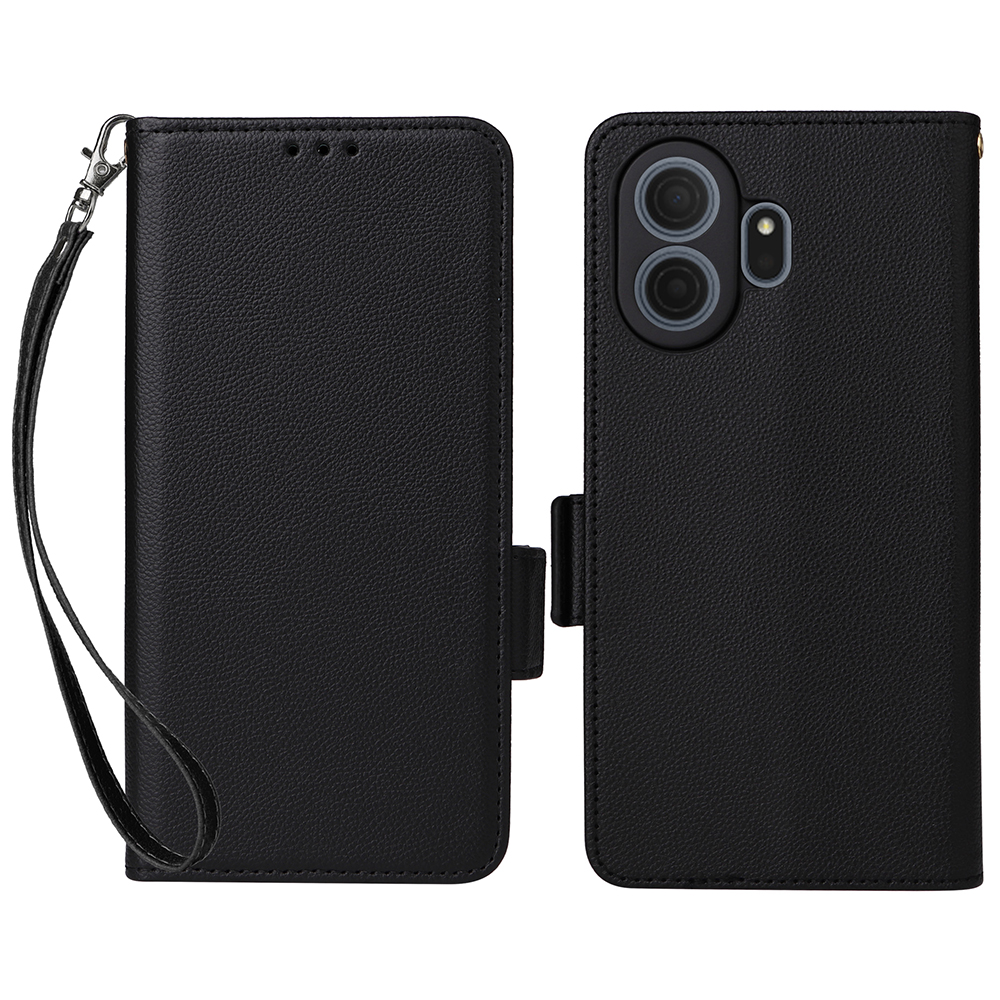 For TCL NxtPaper 70 Pro 5G Case Litchi Texture Wallet Leather Phone Cover with Wrist Strap - Black