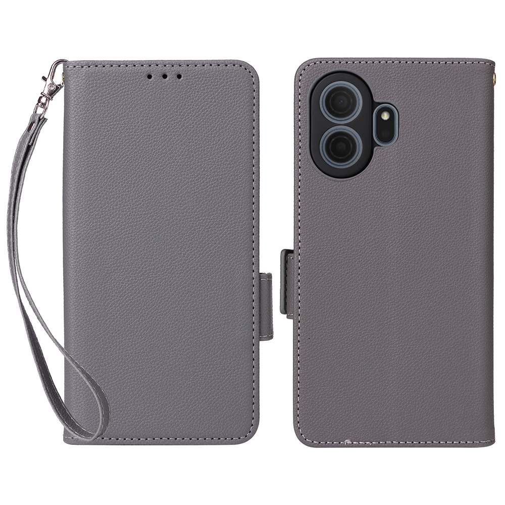 For TCL NxtPaper 70 Pro 5G Case Litchi Texture Wallet Leather Phone Cover with Wrist Strap - Grey