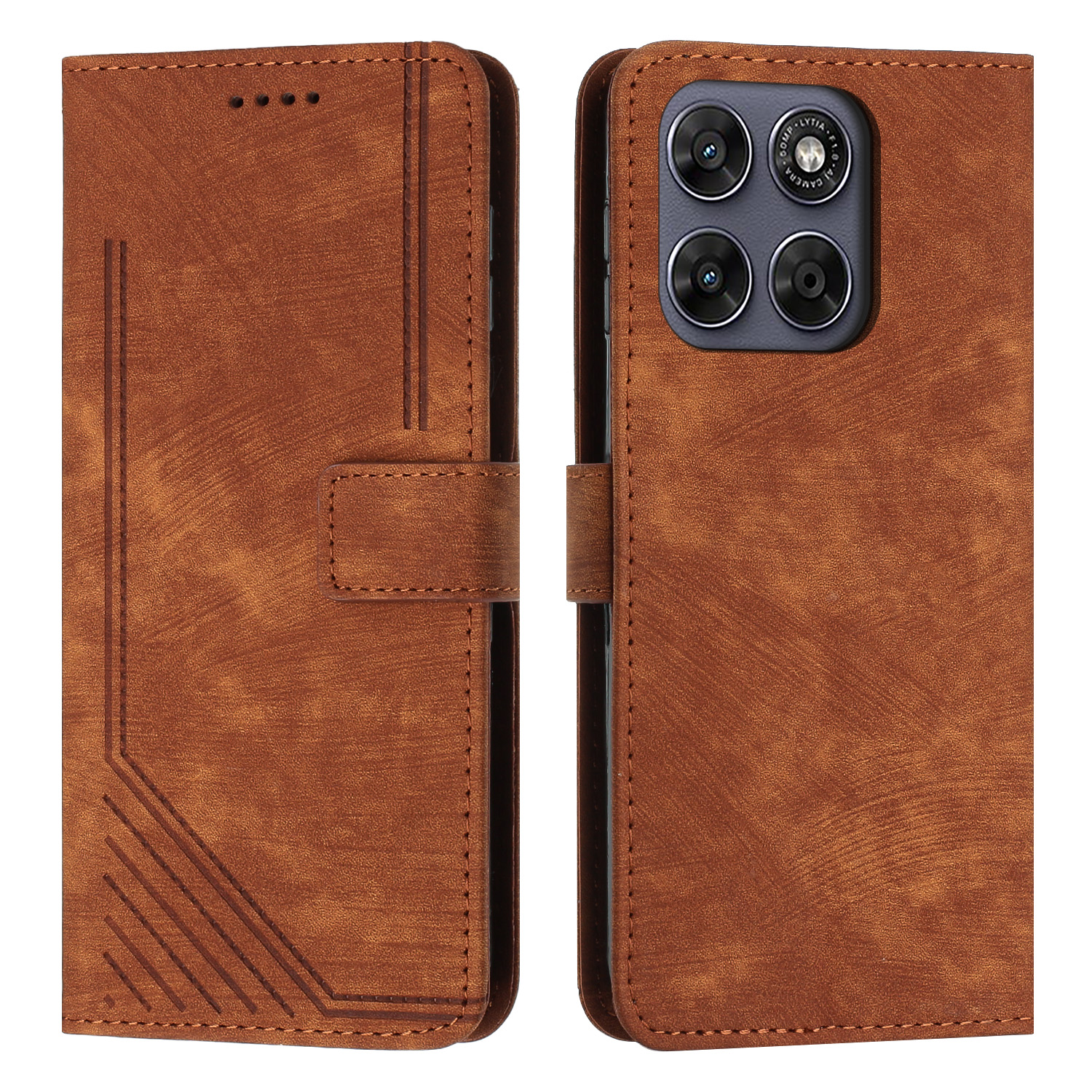 For Motorola Moto G77 5G / Motorola Moto G67 5G Stand Case Imprinted Lines Leather Phone Cover - Brown
