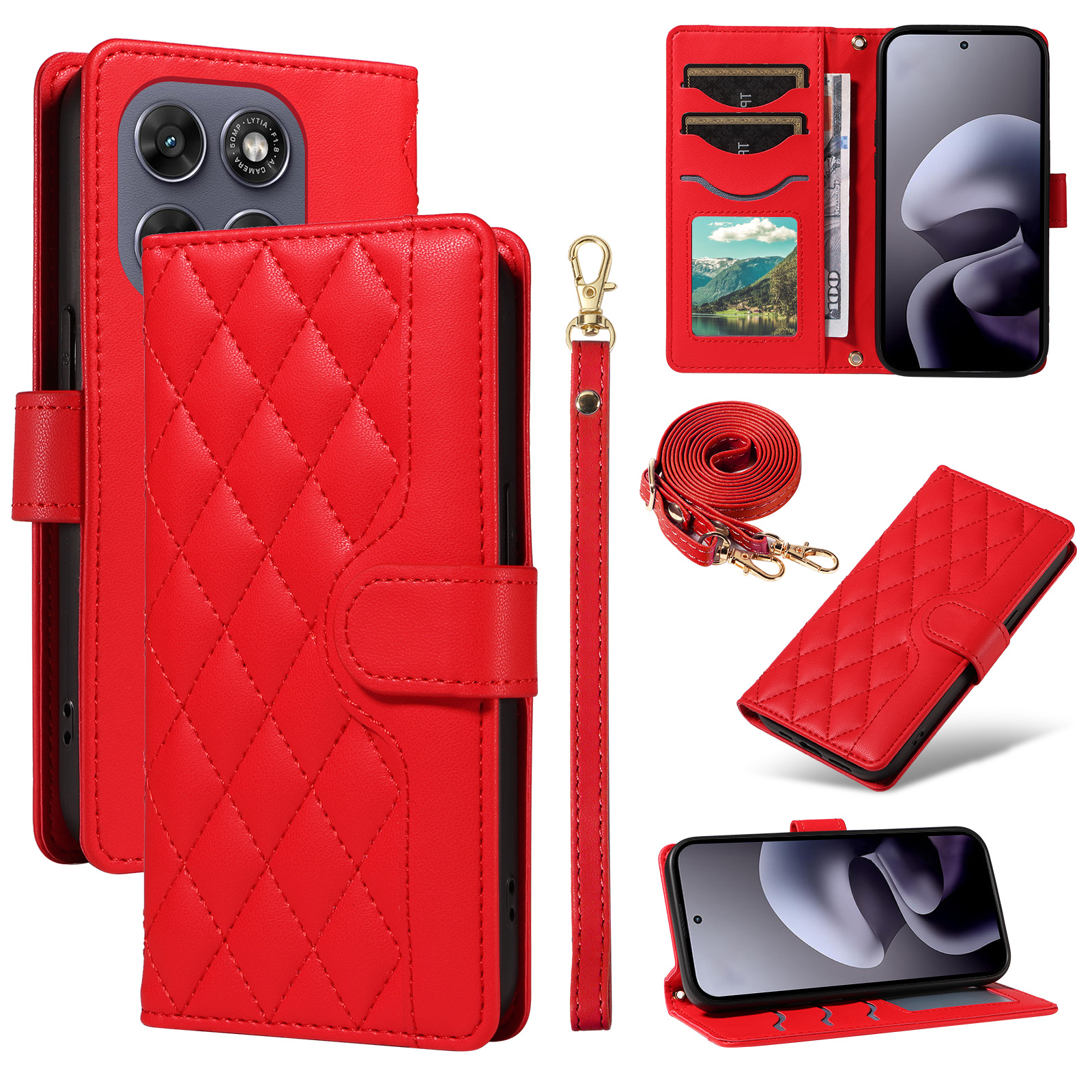 For Motorola Moto G77 5G / Motorola Moto G67 5G Wallet Case Rhombus Leather Phone Cover with Strap -  Red