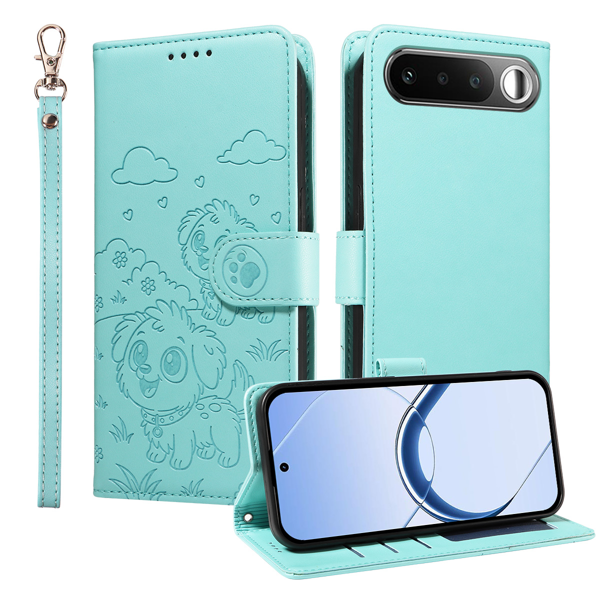 For Realme 16 5G Case RFID Blocking Imprinted Dog Pattern PU Leather Phone Cover with Wrist Strap - Green