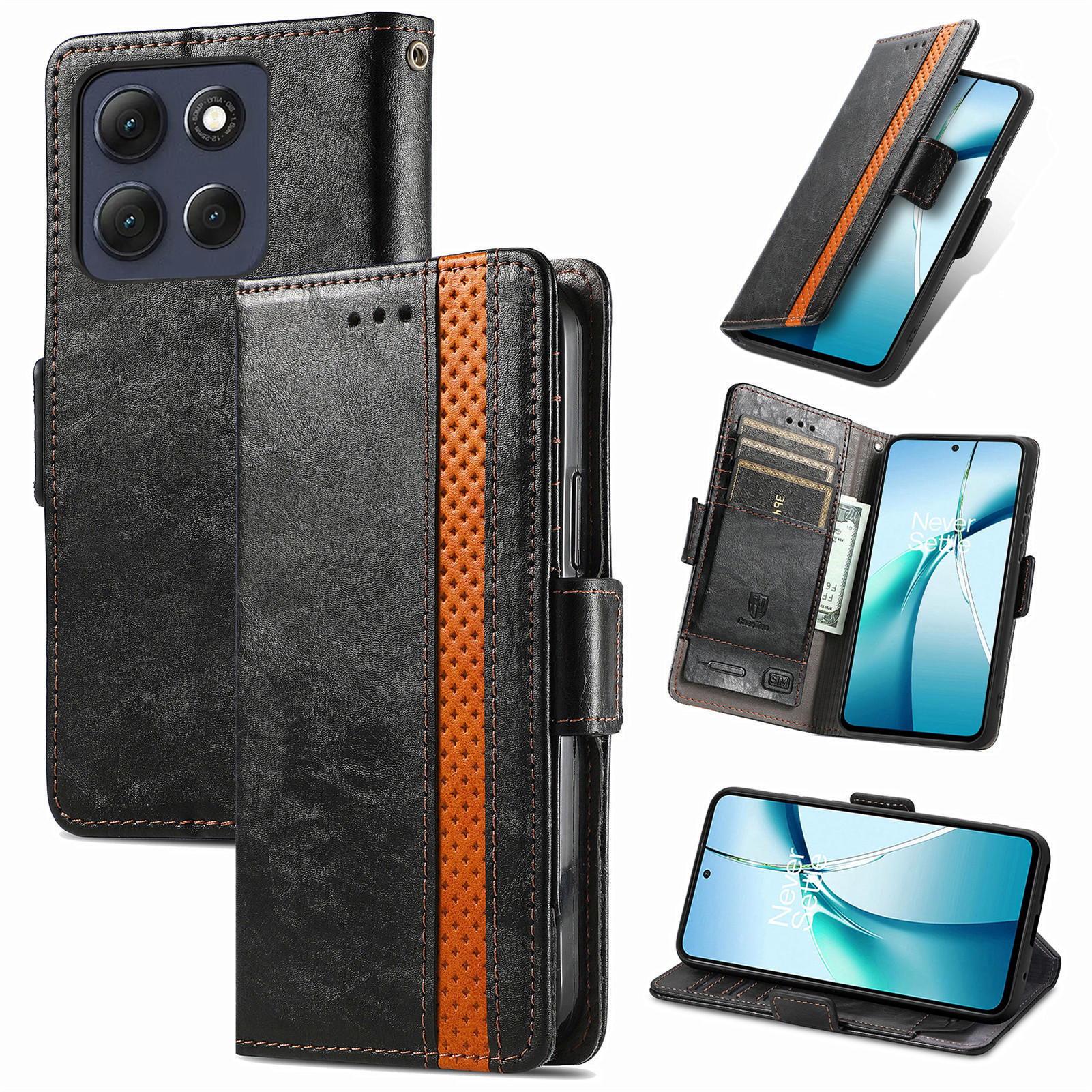 CASENEO For Motorola Moto G67 5G / G77 5G Phone Cases PU Leather Cover Stand with RFID Blocking Wallet - Black