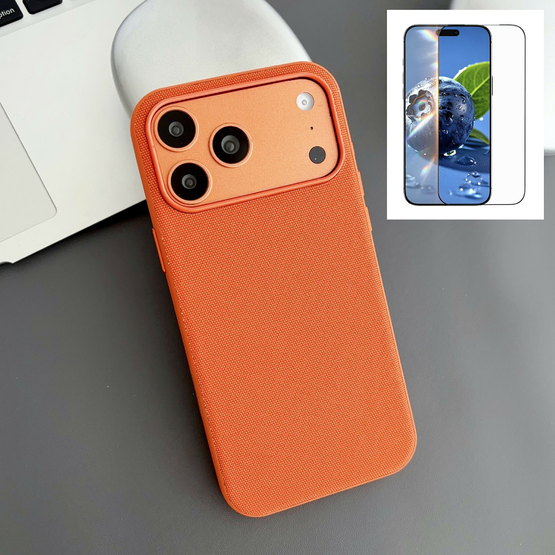 For iPhone 17 Pro Magnetic Case with Tempered Glass Screen Protector Fabric Texture PC + TPU Phone Cover Compatible with MagSafe - Orange