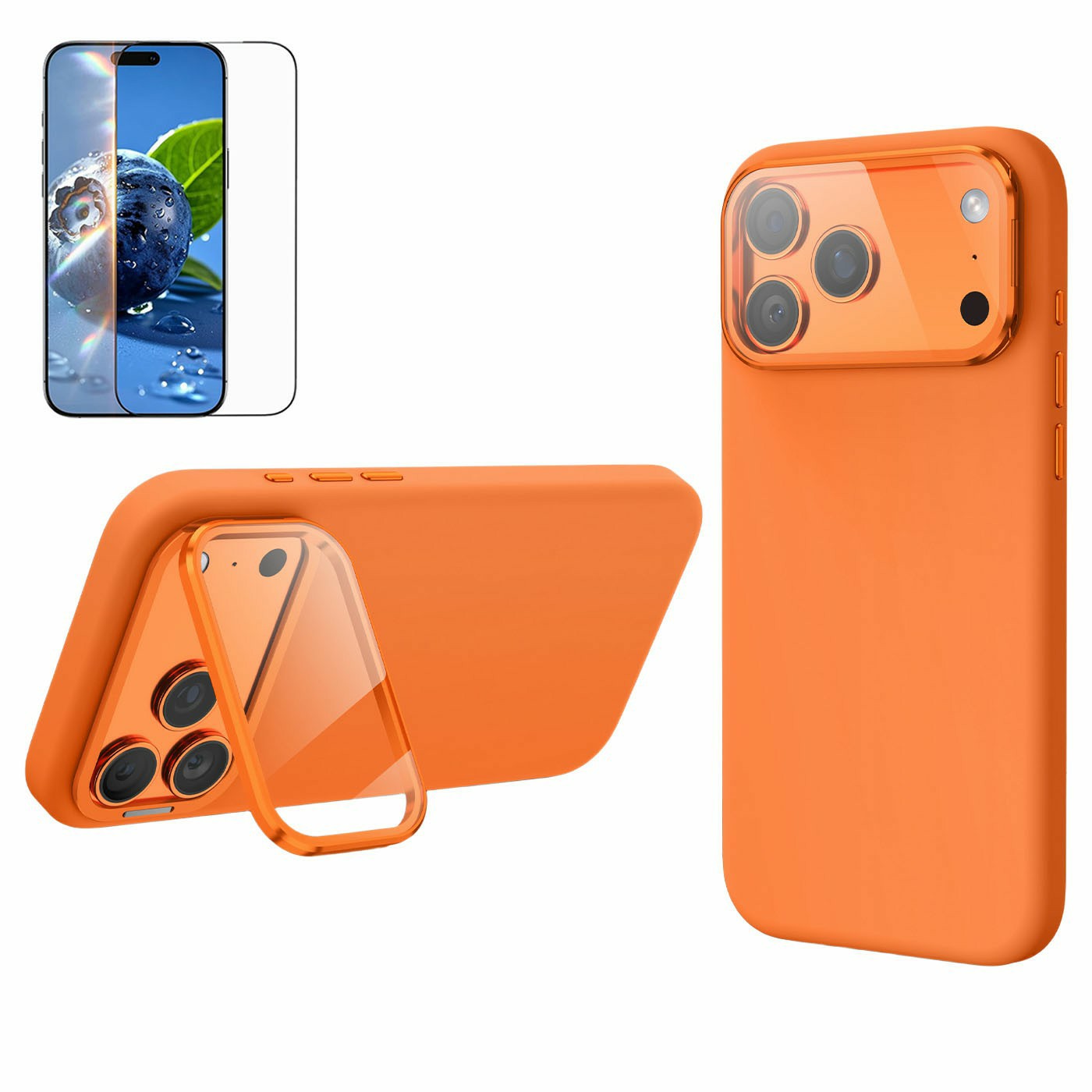 For iPhone 17 Pro Max Liquid Silicone Magnetic Case with Screen Protector Lens Protector Kickstand Mobile Cover Compatible with MagSafe - Orange