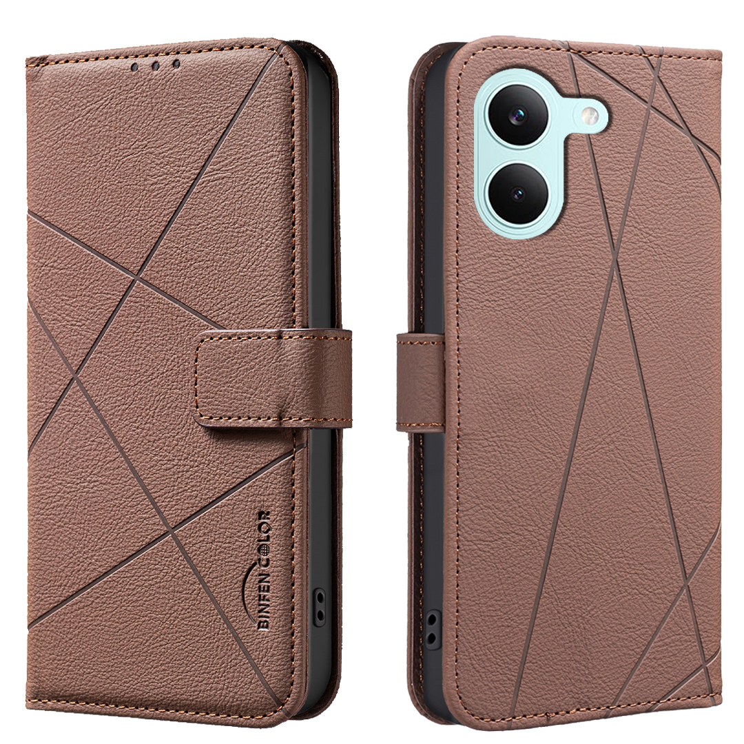 BINFEN COLOR For Xiaomi Poco X8 Pro 5G BF35 Case Geometry Imprinted Leather Phone Cover RFID Blocking Wallet Stand - Brown