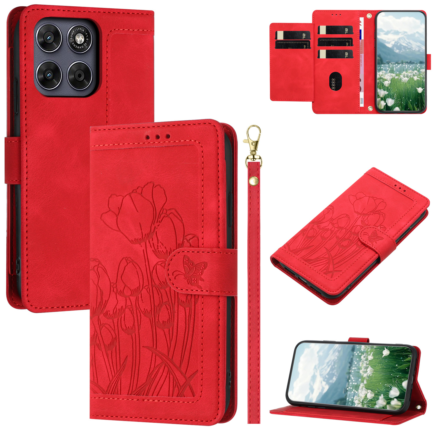 For Motorola Moto G77 5G  /  G67 5G Case Tulip Leather Phone Cover with 5 Card Slots Wallet - Red