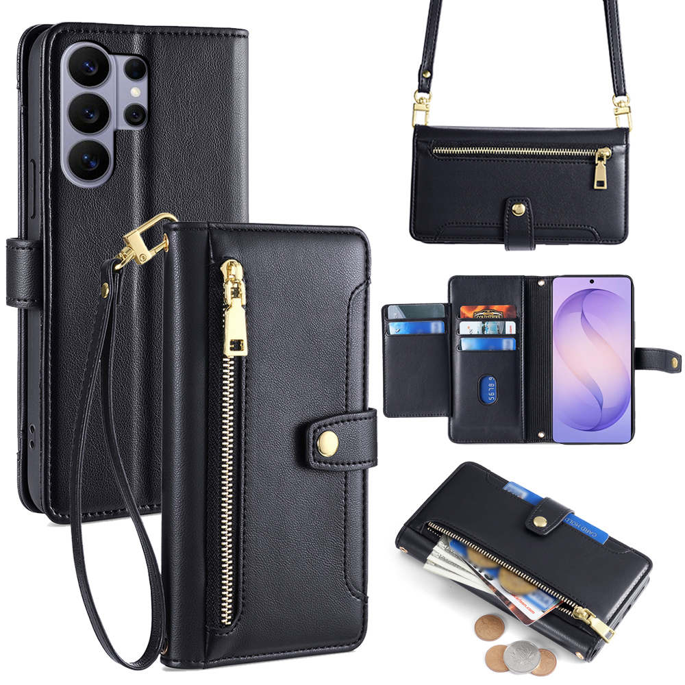 For Samsung Galaxy S26 Ultra Leather Case Zipper Pocket Wallet Phone Cover with 2 Straps - Black