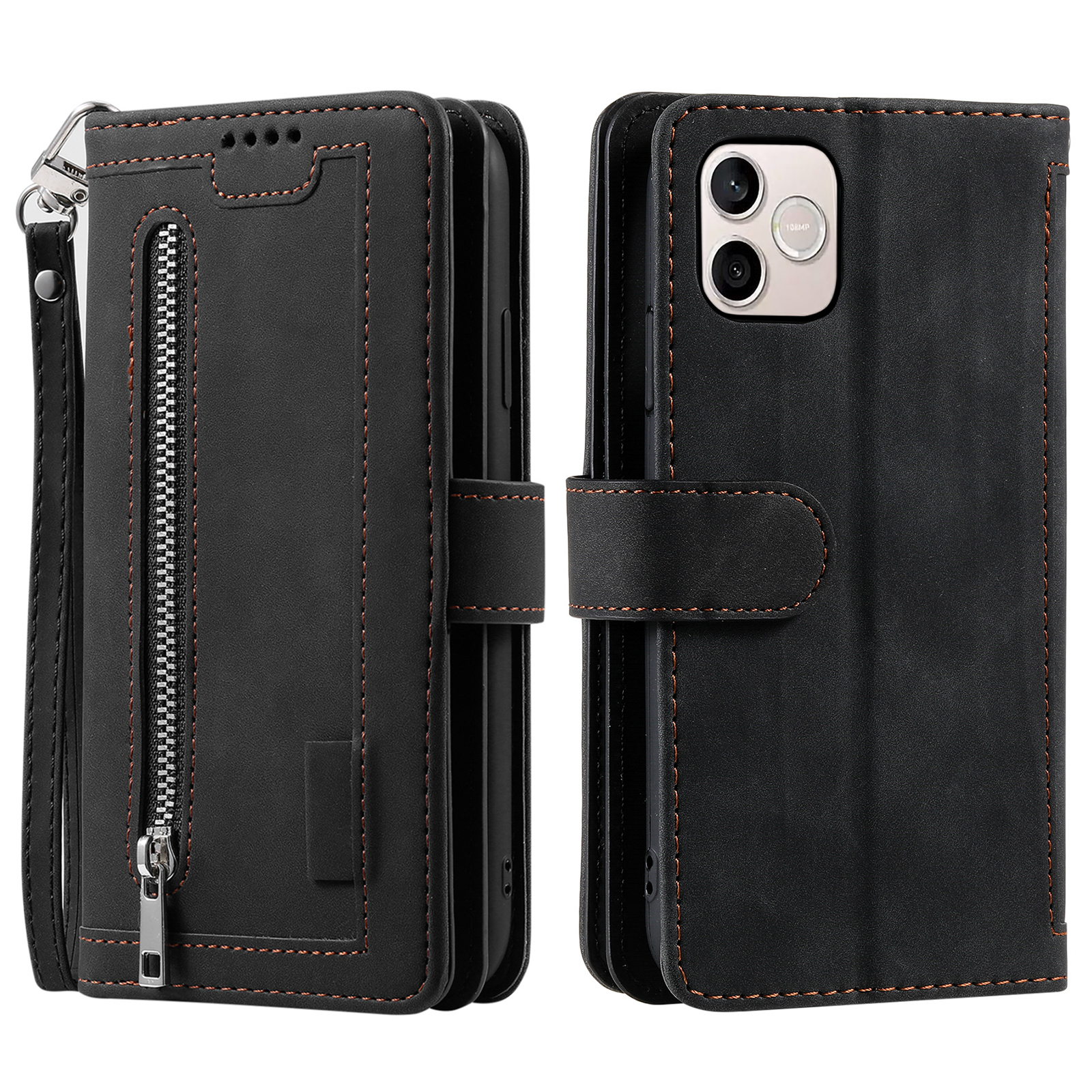 For Honor 600 Lite 5G Case 9 Card Slots Zipper Wallet PU Leather Phone Cover with Wrist Strap - Black