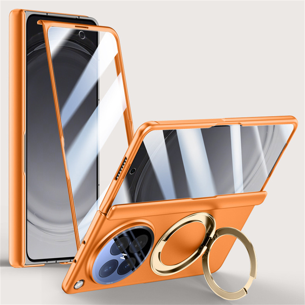 For Oppo Find N6 5G Magnetic Case with Ultra Clear Tempered Glass Film / Lens Protector, Hinge Rotary Kickstand PC Phone Cover - Orange