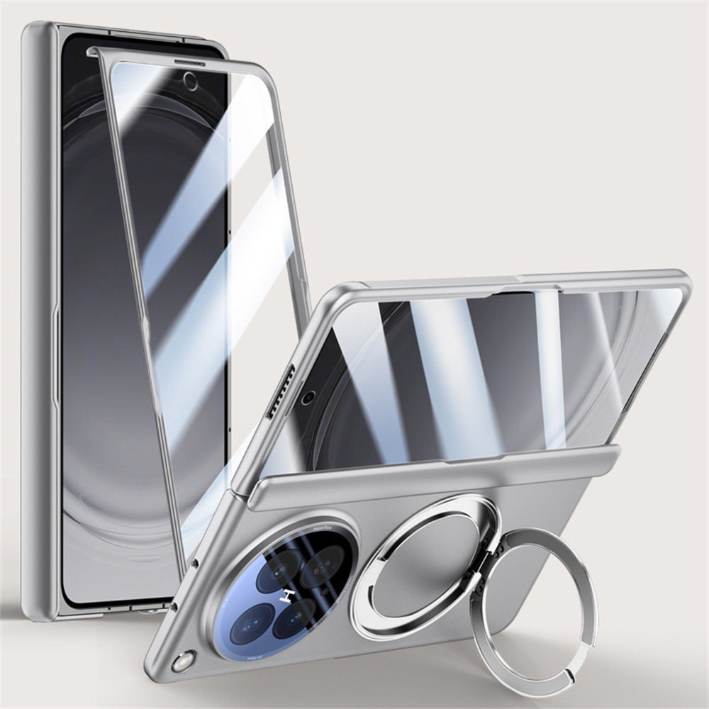 For Oppo Find N6 5G Magnetic Case with Ultra Clear Tempered Glass Film / Lens Protector, Hinge Rotary Kickstand PC Phone Cover - Grey