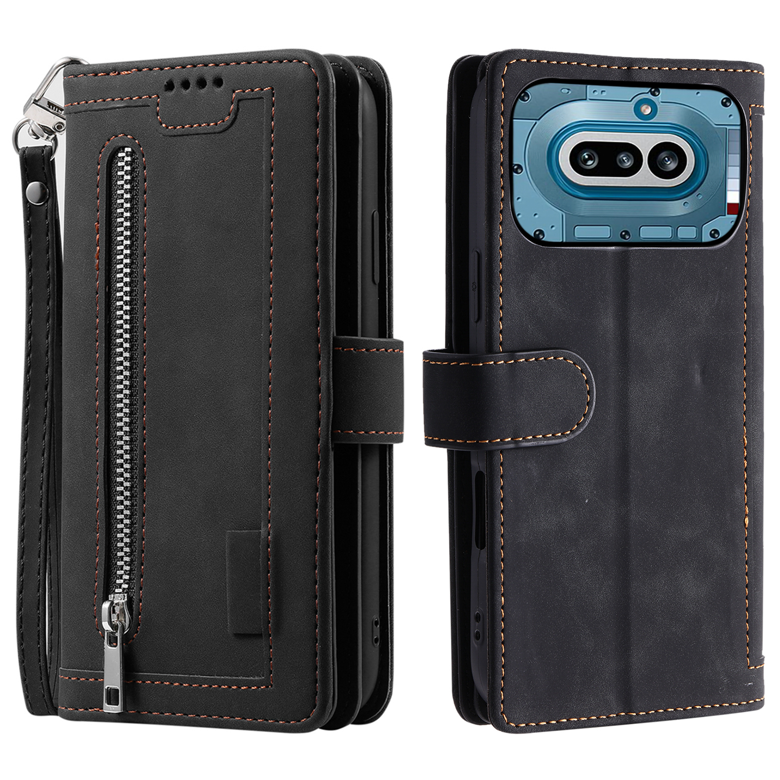 For Nothing Phone (4a) Phone Case 9 Card Slots Zipper Wallet PU Leather Phone Cover with Wrist Strap - Black