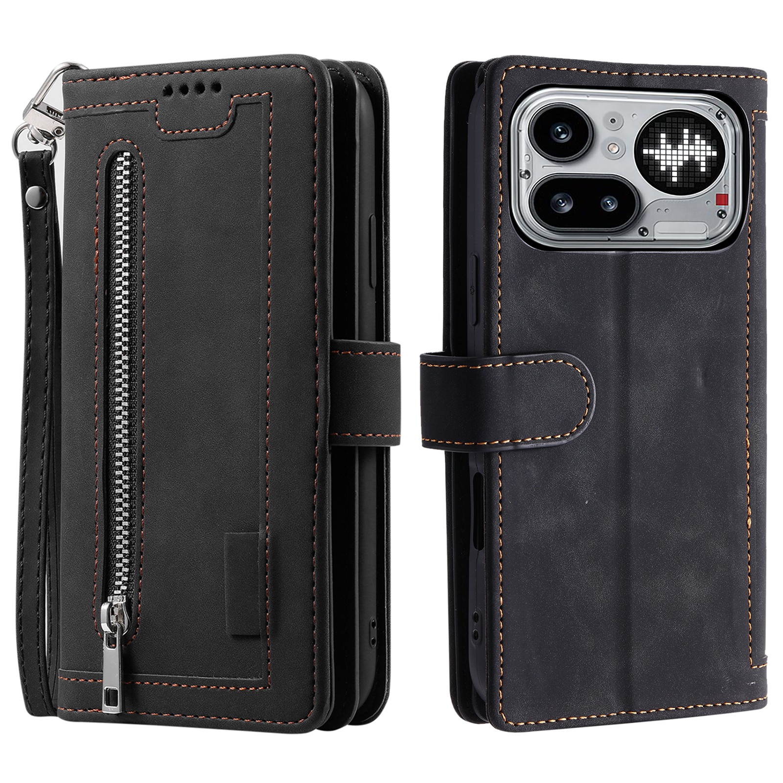 For Nothing Phone (4a) Pro Phone Case 9 Card Slots Zipper Wallet PU Leather Phone Cover with Wrist Strap - Black