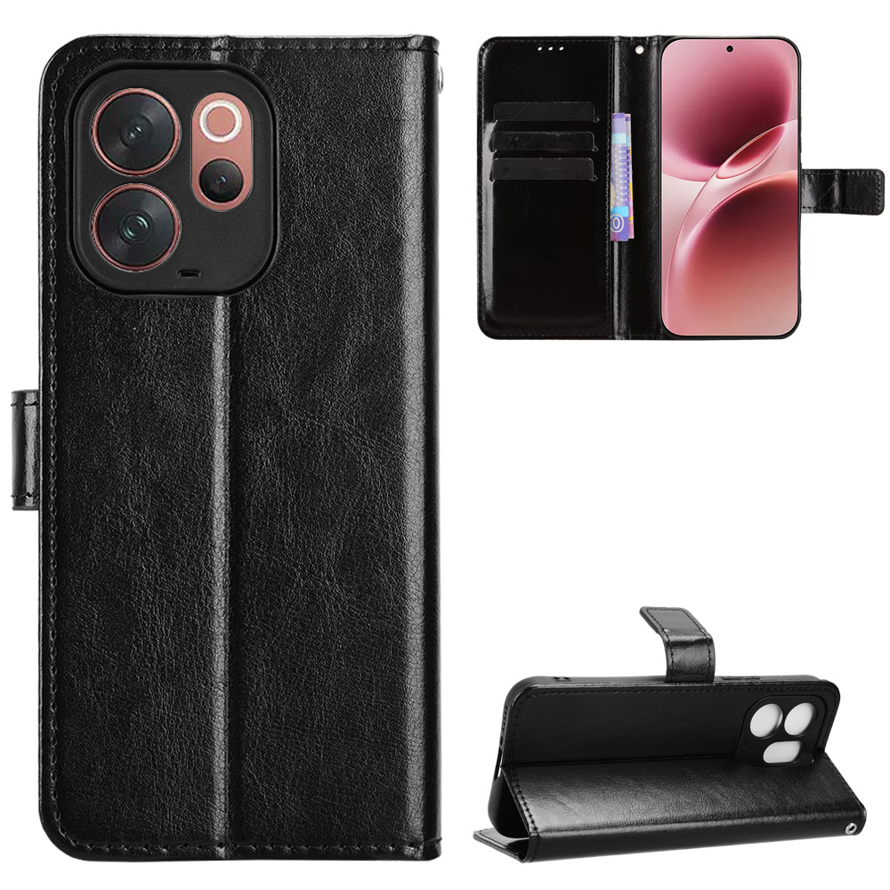 For vivo V70 Elite 5G / vivo V70 5G PU Leather Case with Strap Crazy Horse Texture Phone Wallet Cover - Black
