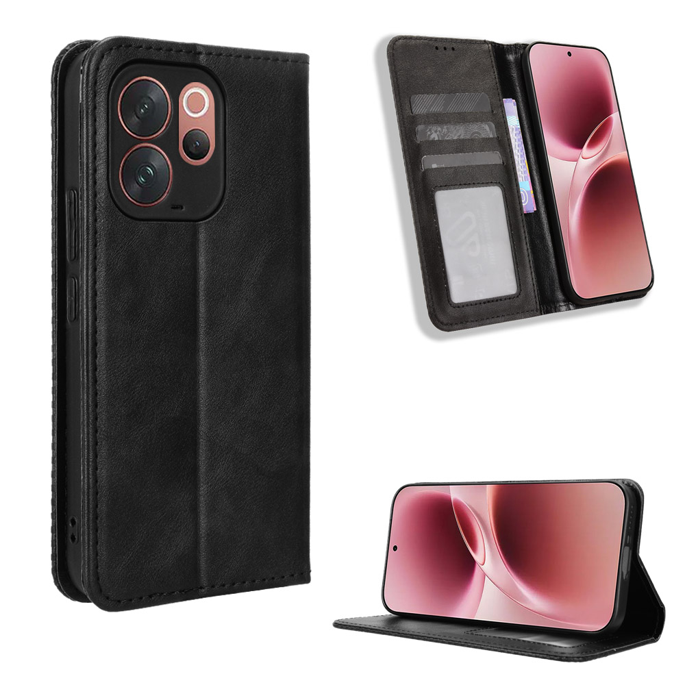 For vivo V70 Elite 5G / vivo V70 5G Leather Case Wallet Stand Retro Texture Phone Cover - Black
