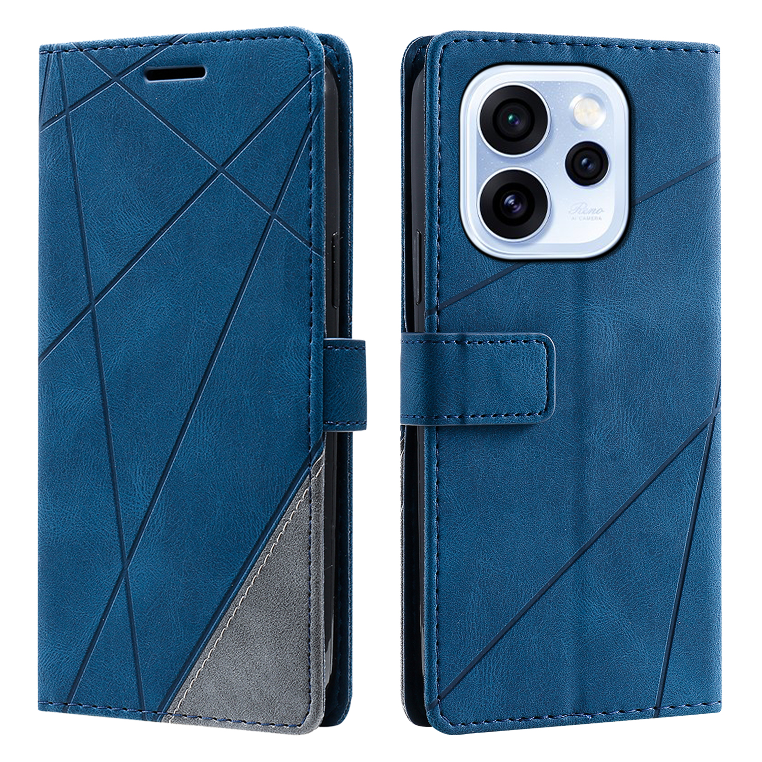 Case For Oppo Reno15 Pro 5G (Global)  /  Reno15 5G (China) Imprinted Lines PU Leather Splicing Wallet Phone Cover - Blue