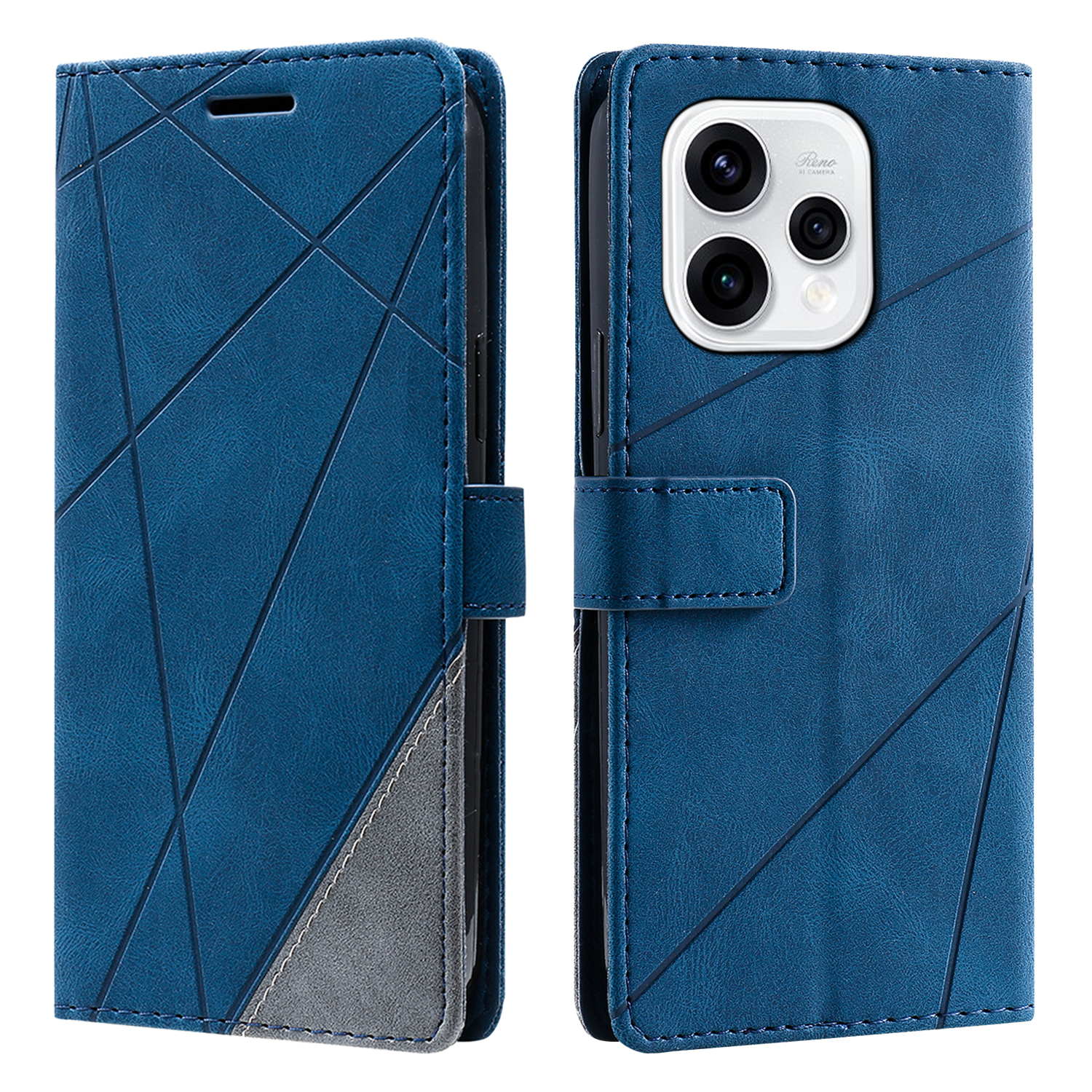 Case For Oppo Reno15 5G (Global)  /  Reno15c 5G (China) Imprinted Lines PU Leather Splicing Wallet Phone Cover - Blue