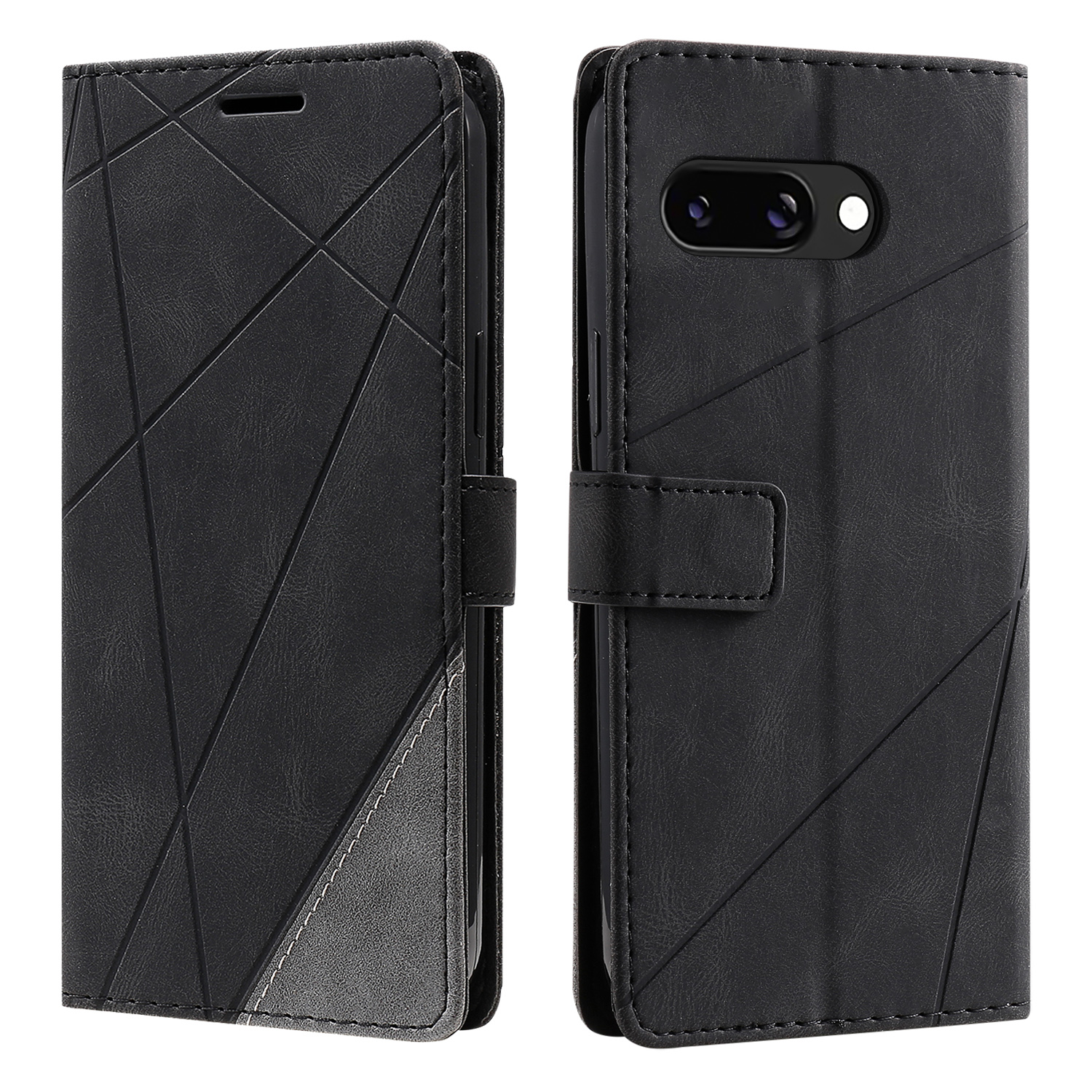 For Google Pixel 10a Case Imprinted Lines PU Leather Splicing Wallet Phone Cover - Black