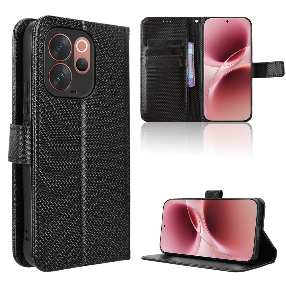 For vivo V70 Elite 5G / vivo V70 5G Leather Wallet Case with Strap Diamond Texture Phone Cover - Black