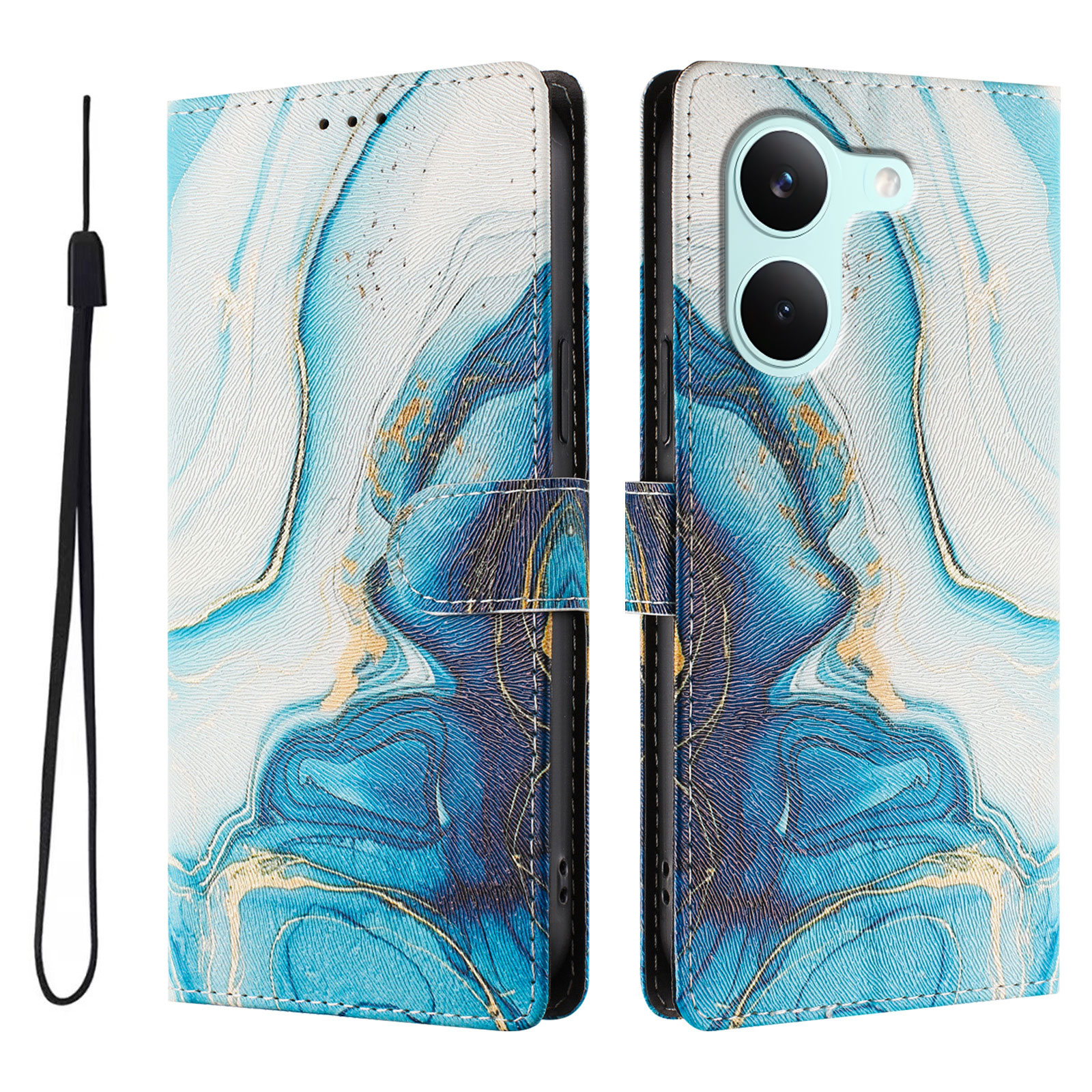 For Xiaomi Poco X8 Pro 5G / Xiaomi Redmi Turbo 5 5G Case Pattern Print PU Leather Wallet Phone Cover with Wrist Strap - Blue Marble