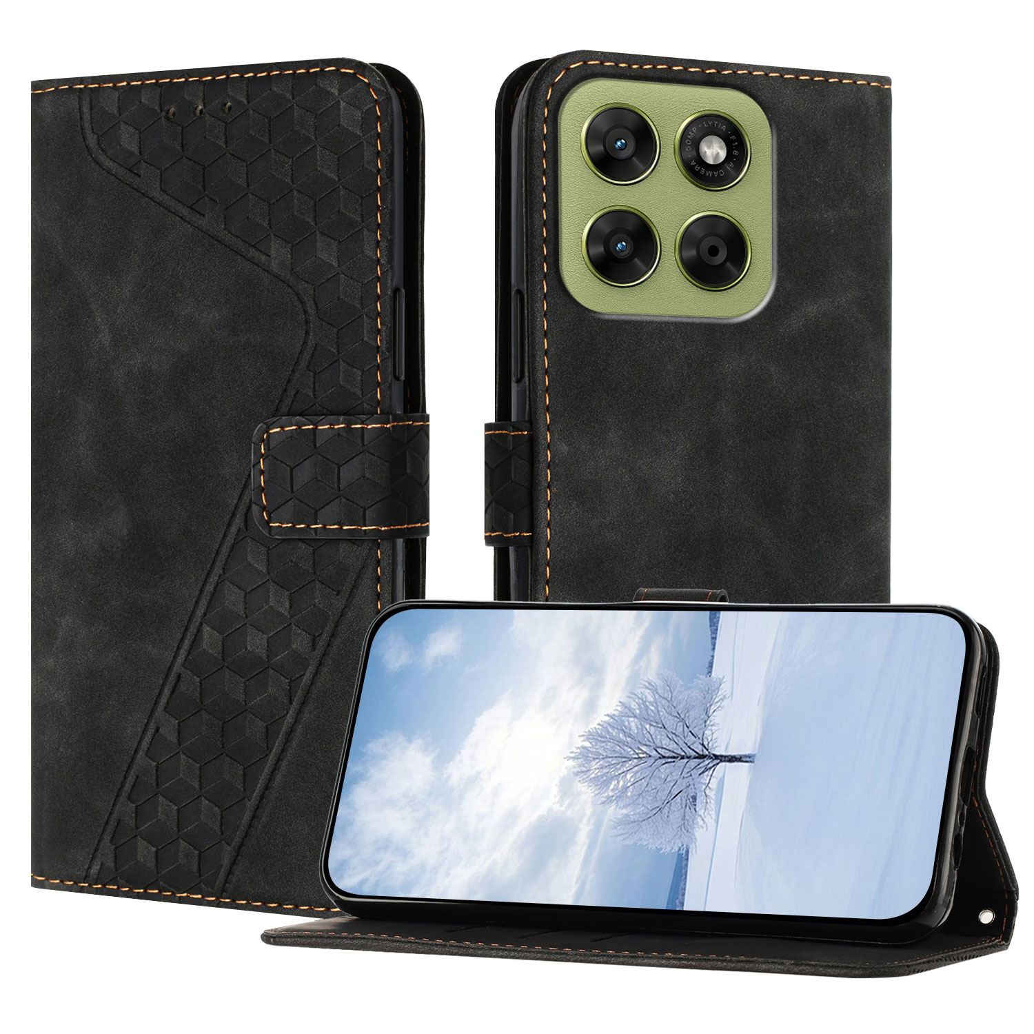 For Motorola Moto G77 5G / Motorola Moto G67 5G Leather Case 7-Shaped Pattern Wallet Stand Shockproof Phone Cover - Black
