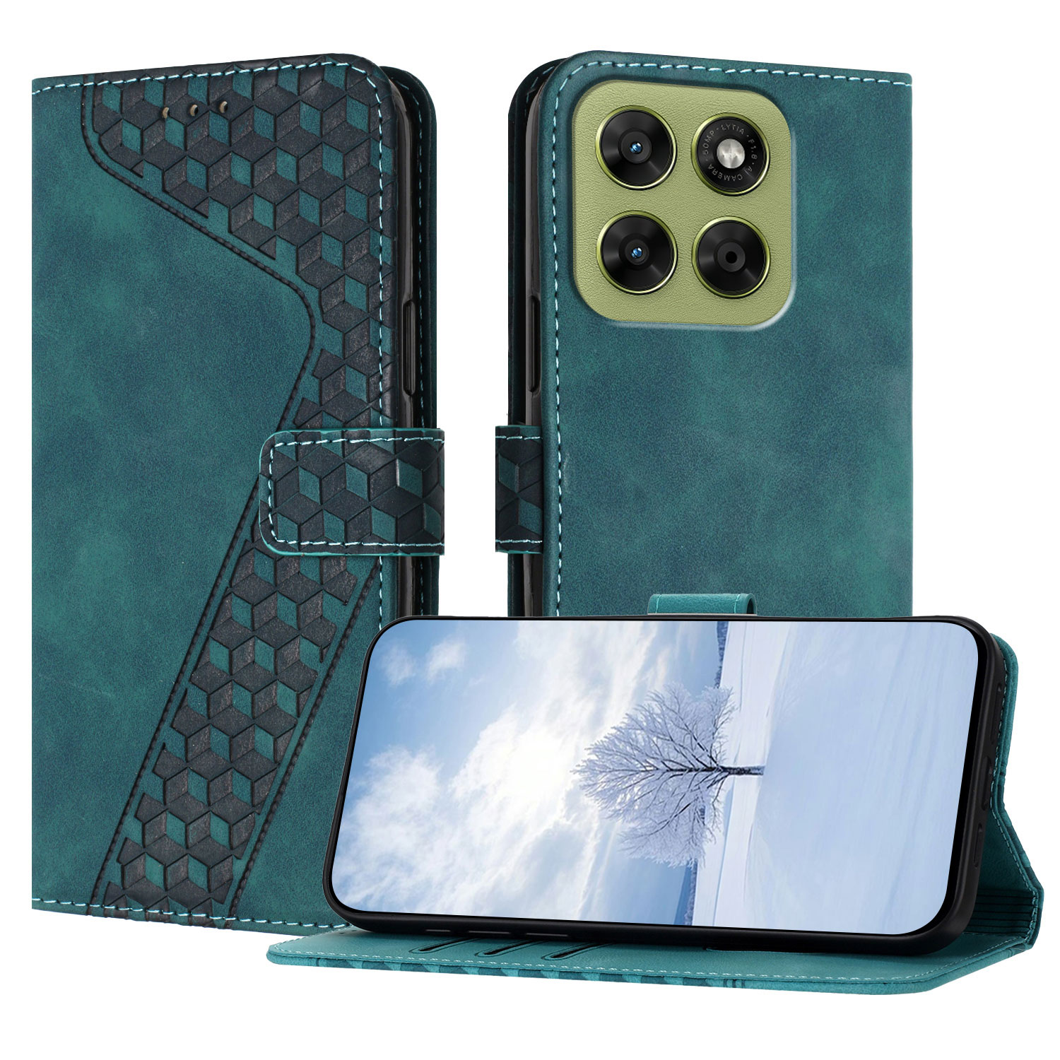 For Motorola Moto G77 5G / Motorola Moto G67 5G Leather Case 7-Shaped Pattern Wallet Stand Shockproof Phone Cover - Green