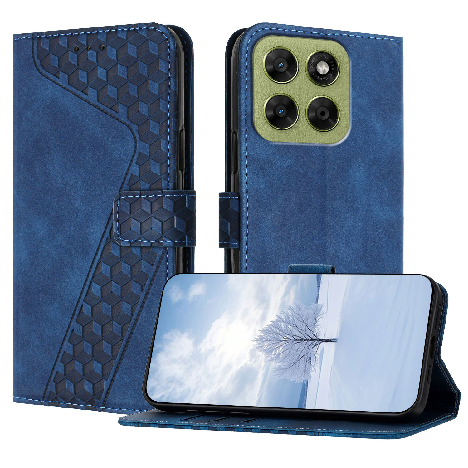 For Motorola Moto G77 5G / Motorola Moto G67 5G Leather Case 7-Shaped Pattern Wallet Stand Shockproof Phone Cover - Blue