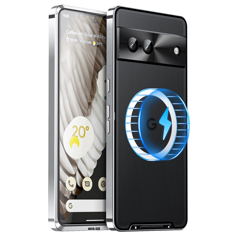 

Für Google Pixel 7 5G Fall Proof Magnetic Adsorption Matte Telefonabdeckung TPU Back + Metall Edge Integrated Objektivschutz Fall - Silber-, Google Pixel 7 5G