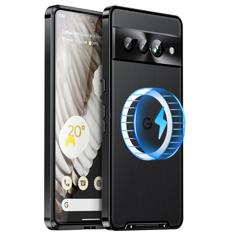 

Für Google Pixel 7 Pro 5G Anti-scratch Magnetic Adsorption Matt Phone Cover TPU Back + Metall Edge Integrated Objektivschutz Fall - Schwarz, Google Pixel 7 Pro 5G