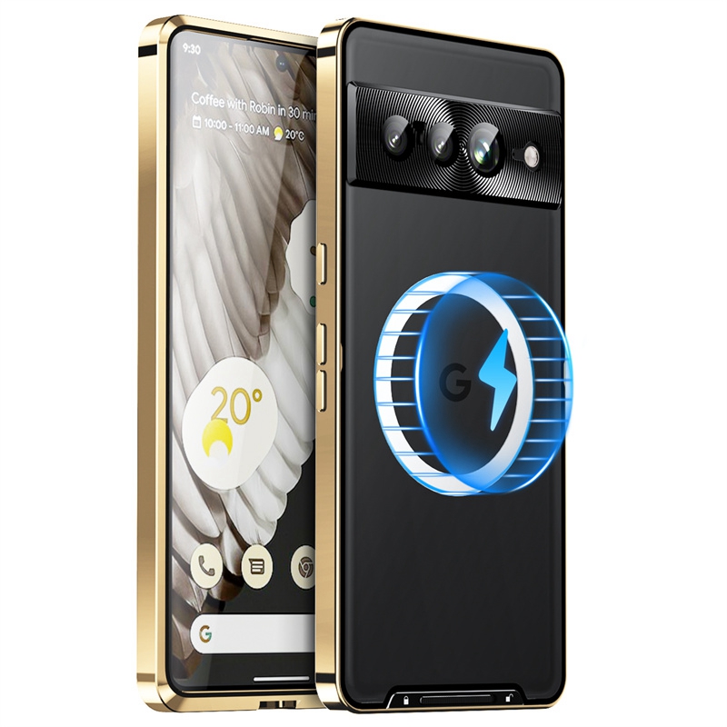 

Für Google Pixel 7 Pro 5G Anti-scratch Magnetic Adsorption Matt Phone Cover TPU Back + Metall Edge Integrated Objektivschutz Fall - Gold, Google Pixel 7 Pro 5G