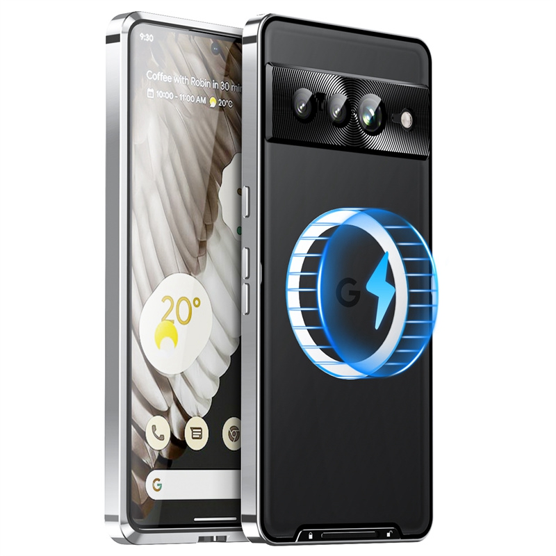 

Für Google Pixel 7 Pro 5G Anti-scratch Magnetic Adsorption Matt Phone Cover TPU Back + Metall Edge Integrated Objektivschutz Fall - Silber-, Google Pixel 7 Pro 5G