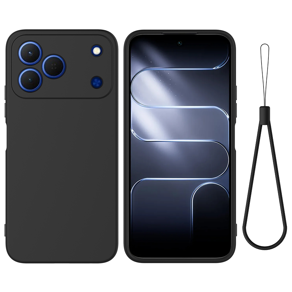 For TECNO Spark 50 4G Liquid Silicone Case Phone Back Cover with Hand Strap - Black