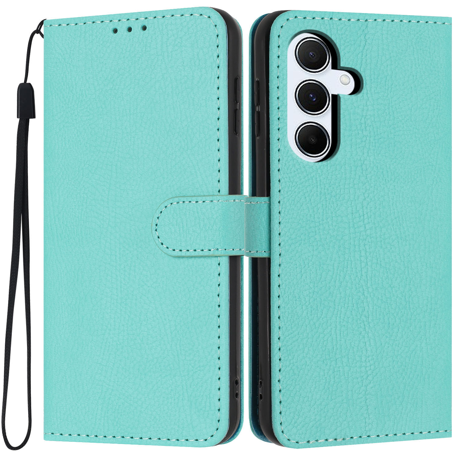 For Samsung Galaxy A25 5G (Global) (161mm) Wallet Case Litchi Texture Leather Flip Cover with Card Slots and Hand Strap - Green