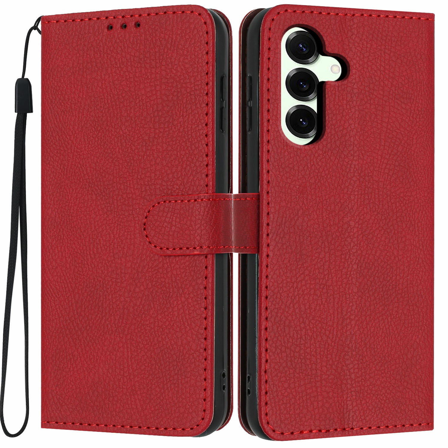 For Samsung Galaxy S25+ Wallet Case Litchi Texture Leather Flip Cover with Card Slots and Hand Strap - Red