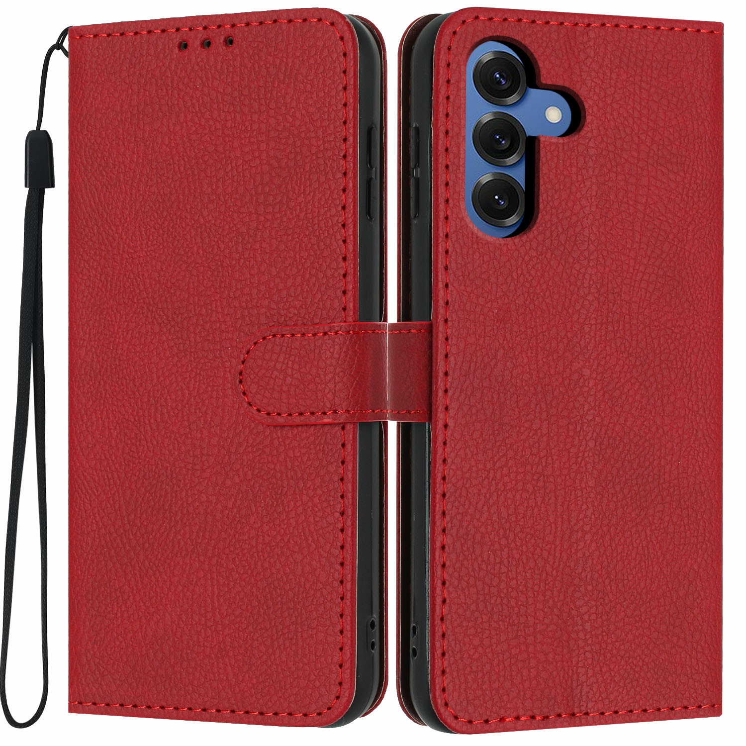 For Samsung Galaxy S25 FE Wallet Case Litchi Texture Leather Flip Cover with Card Slots and Hand Strap - Red