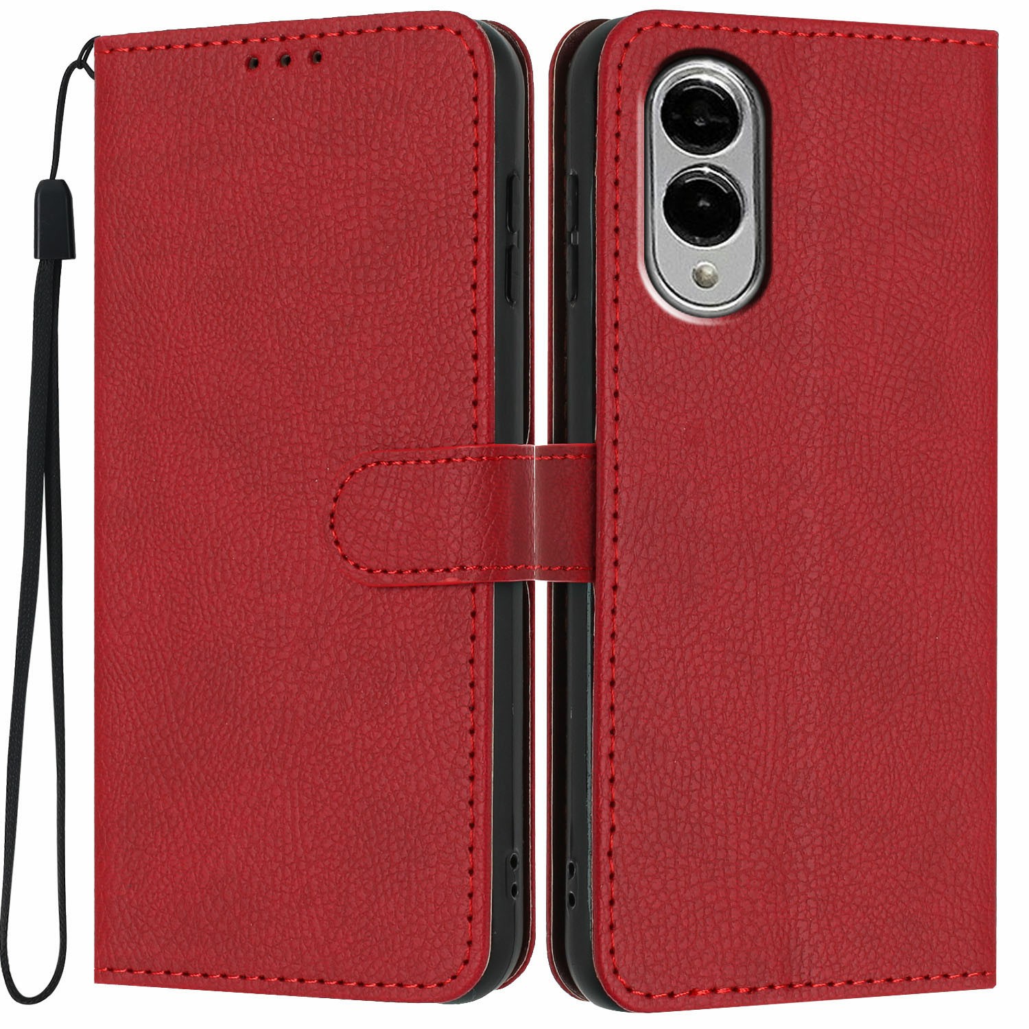 For Samsung Galaxy S25 Edge Wallet Case Litchi Texture Leather Flip Cover with Card Slots and Hand Strap - Red