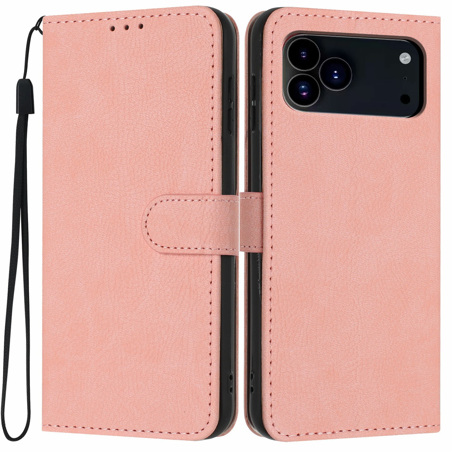 For iPhone 17 Pro Max Wallet Case Litchi Texture Leather Flip Cover with Card Slots and Hand Strap - Pink