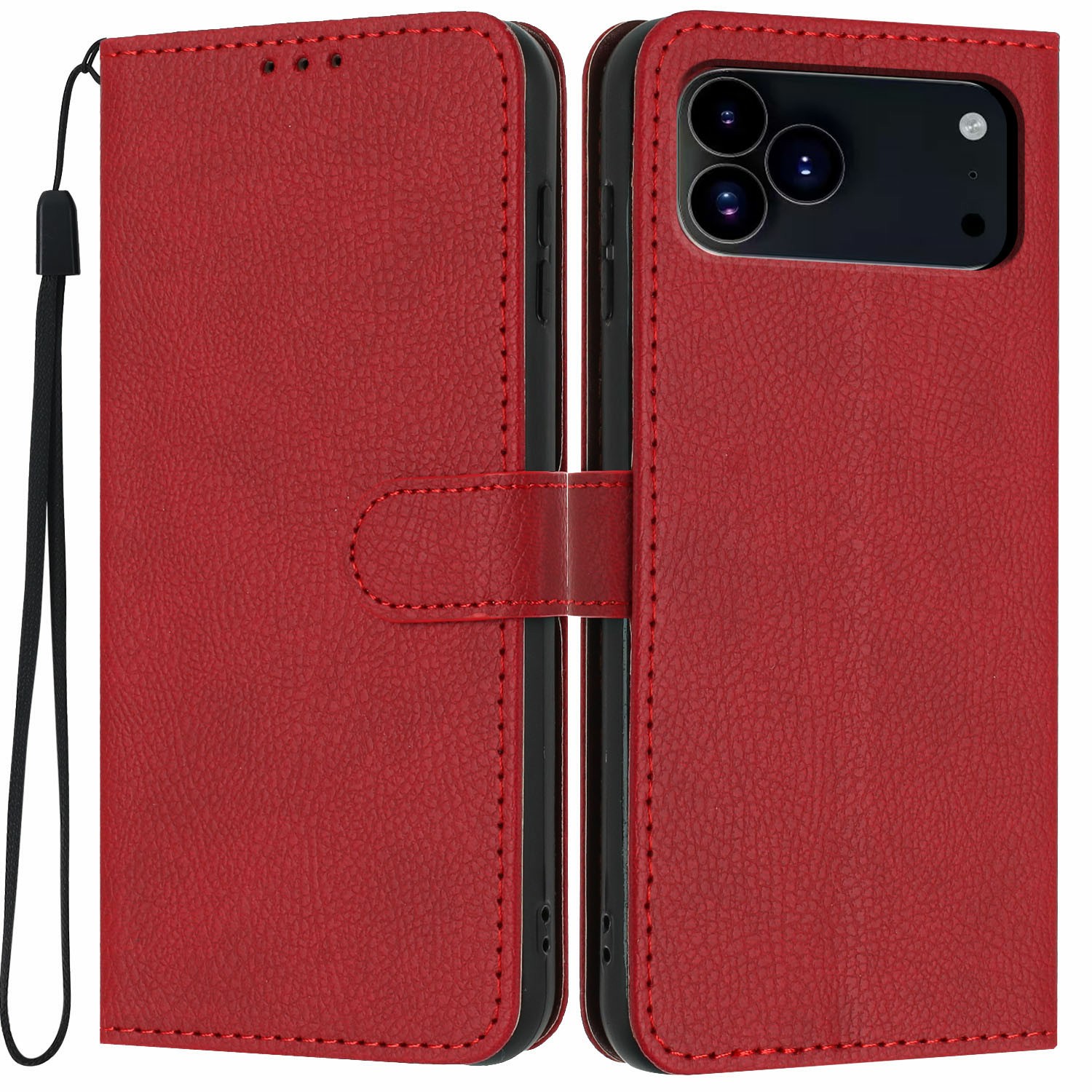 For iPhone 17 Pro Wallet Case Litchi Texture Leather Flip Cover with Card Slots and Hand Strap - Red