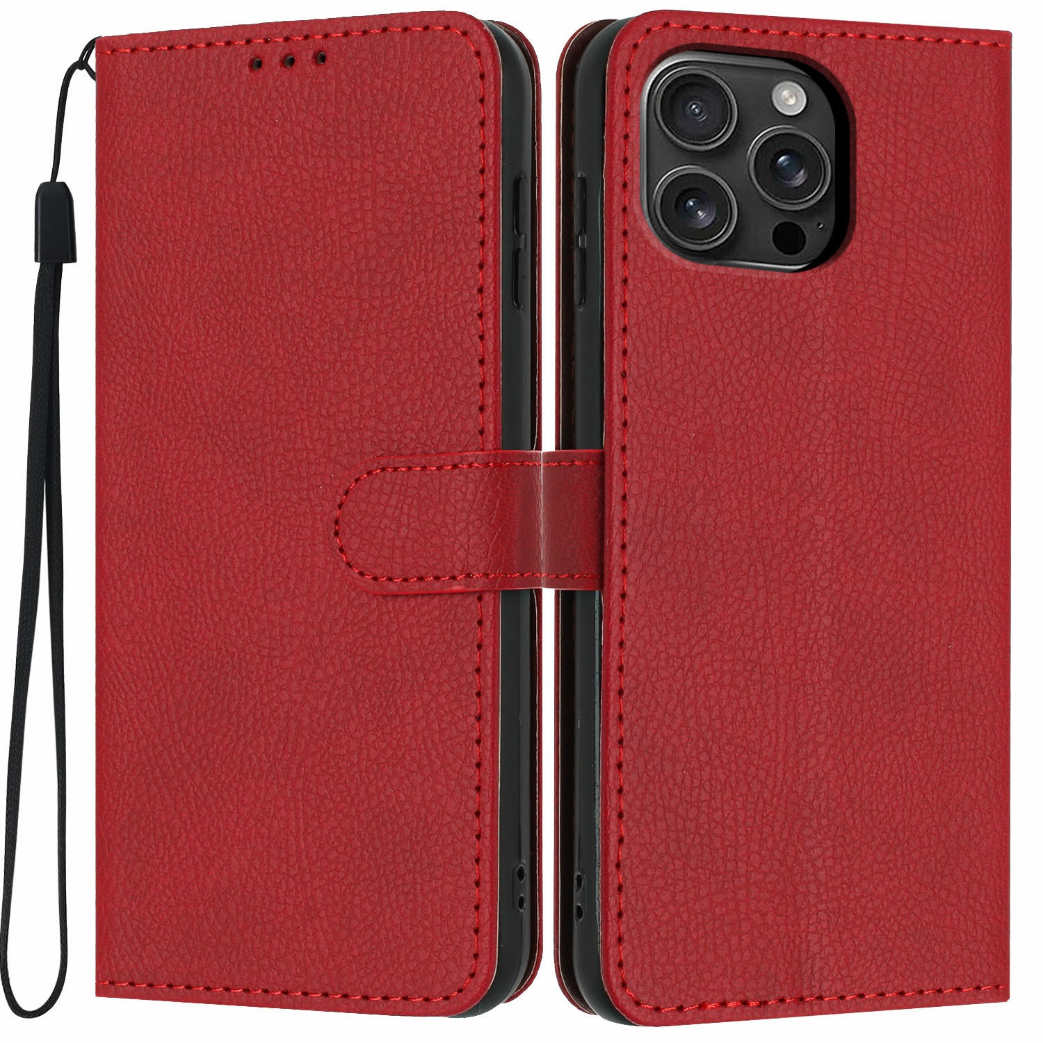 For iPhone 16 Pro Max Wallet Case Litchi Texture Leather Flip Cover with Card Slots and Hand Strap - Red