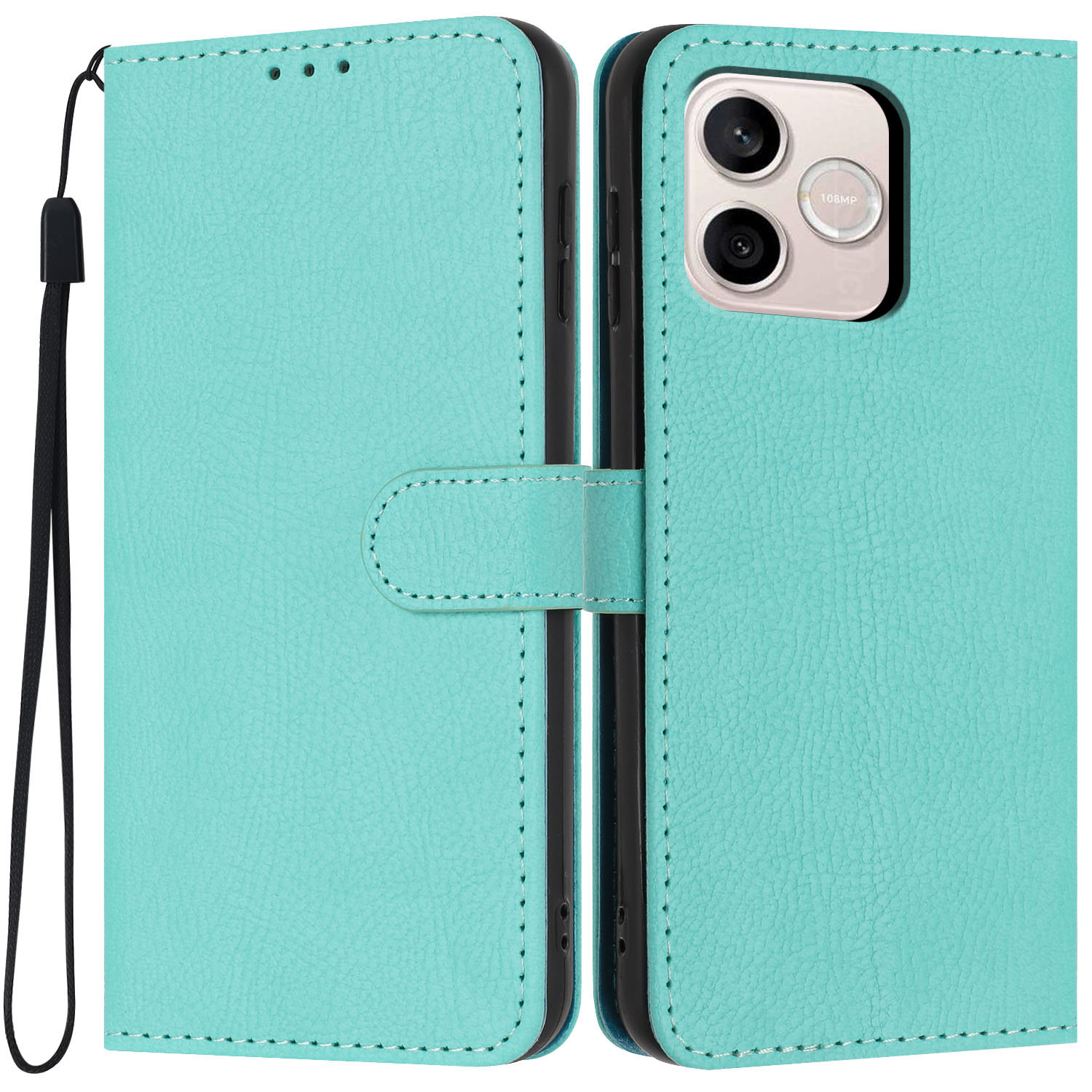 For Honor 600 Lite 5G Wallet Case Litchi Texture Leather Flip Cover with Card Slots and Hand Strap - Green
