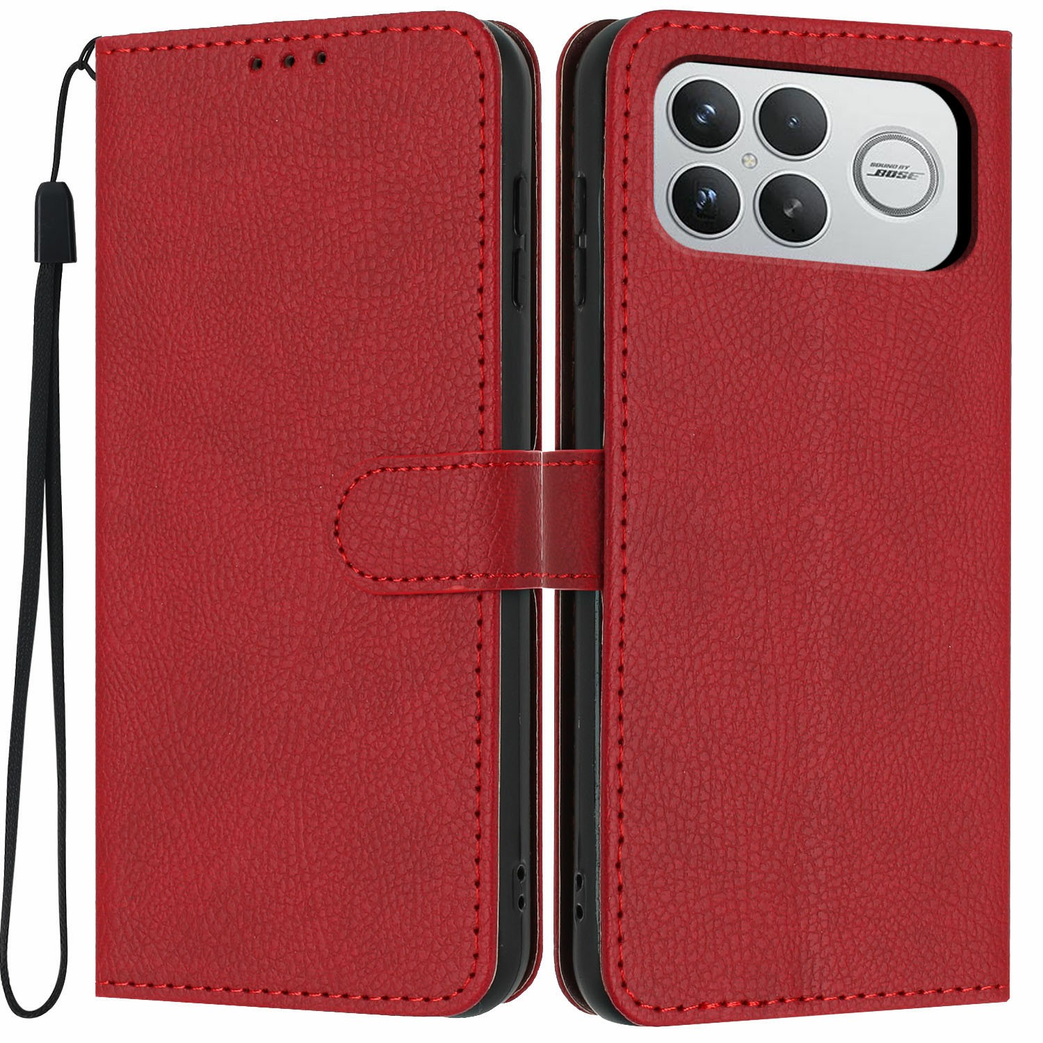 For Xiaomi Poco F8 Ultra Wallet Case Litchi Texture Leather Flip Cover with Card Slots and Hand Strap - Red