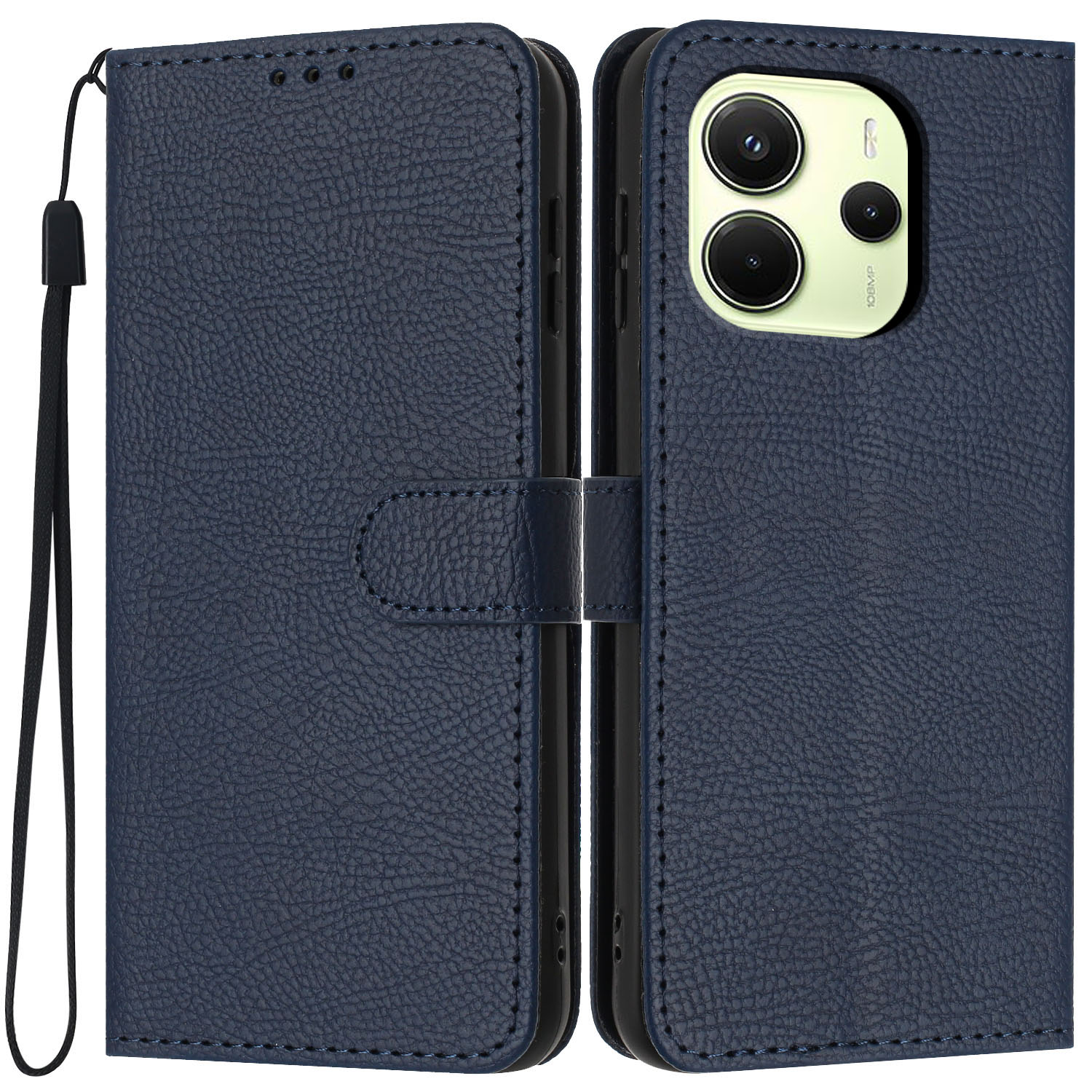 For Xiaomi Redmi Note 14 4G (163.25mm) Wallet Case Litchi Texture Leather Flip Cover with Card Slots and Hand Strap - Blue