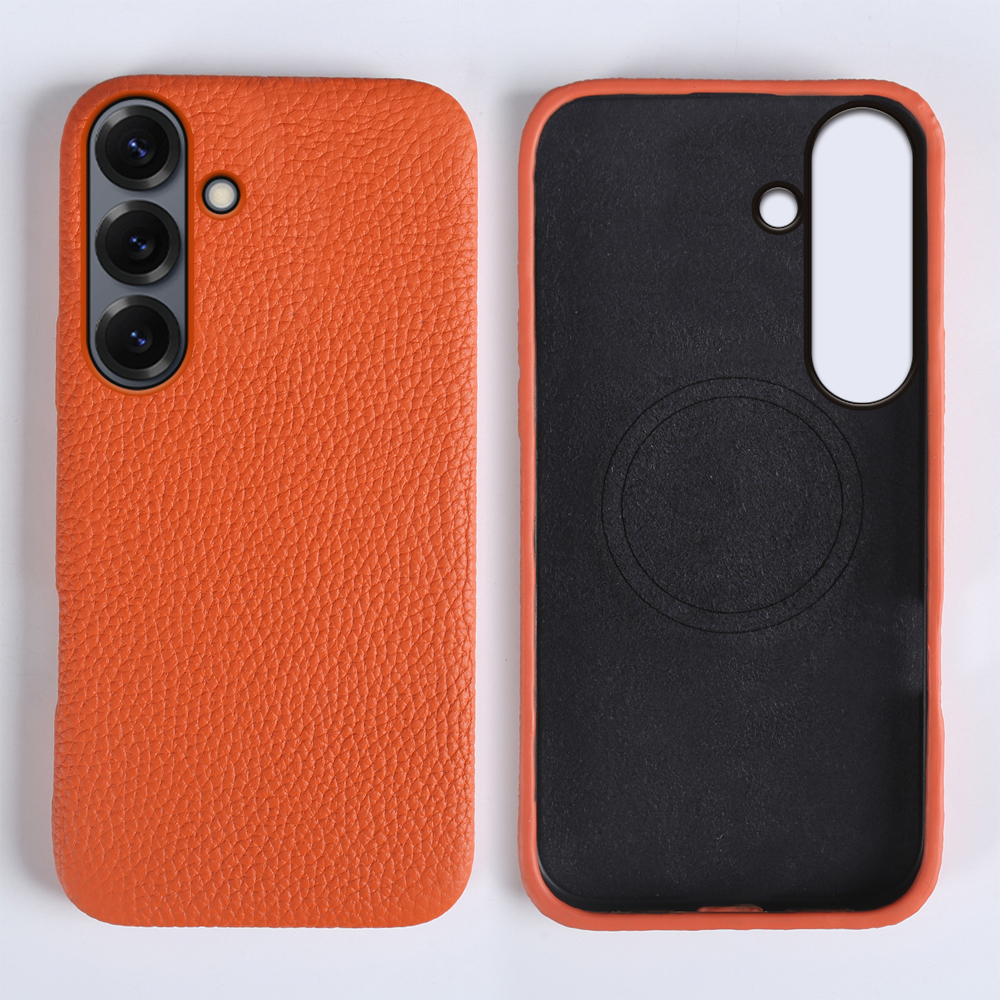 For Samsung Galaxy S24+ Magnetic Case Litchi Texture Genuine Cow Leather + PC Phone Cover - Orange
