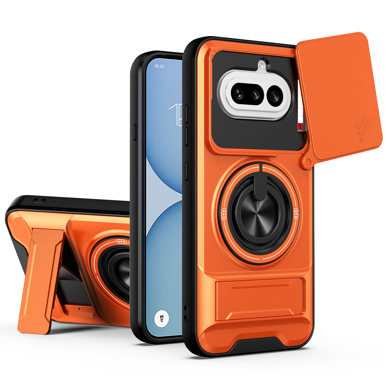 Magnetic Case For Nothing Phone (4a) Ring Holder Foldable Kickstand TPU PC Phone Cover with Camera Lens Slider - Orange