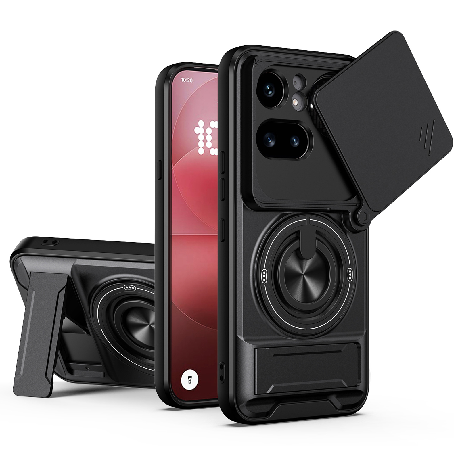 Magnetic Case For Nothing Phone (4a) Pro Ring Holder Foldable Kickstand TPU PC Phone Cover with Camera Lens Slider - Black