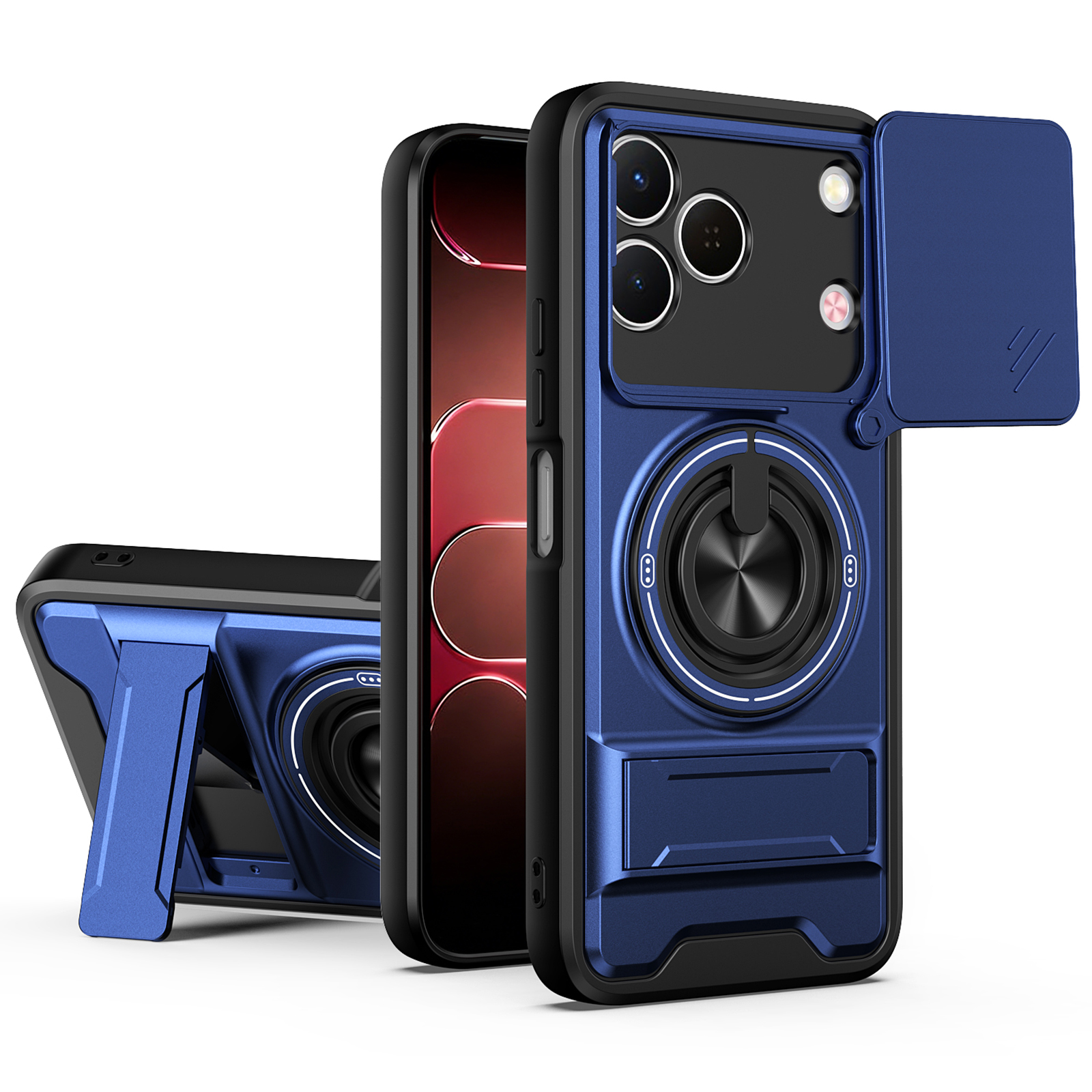Magnetic Case For TECNO Spark 50 4G Ring Holder Foldable Kickstand TPU PC Phone Cover with Camera Lens Slider - Blue