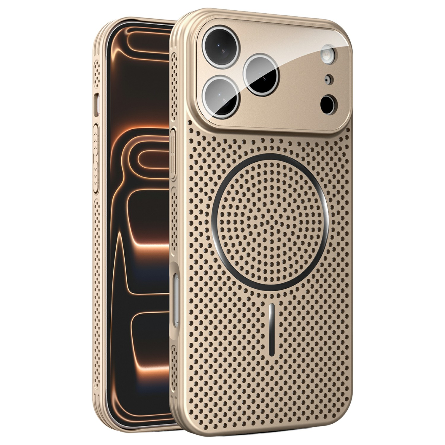 For iPhone 17 Pro Case Heat Dissipation PC + Aluminium Alloy Cooling Phone Cover with Lens Protector - Desert Gold